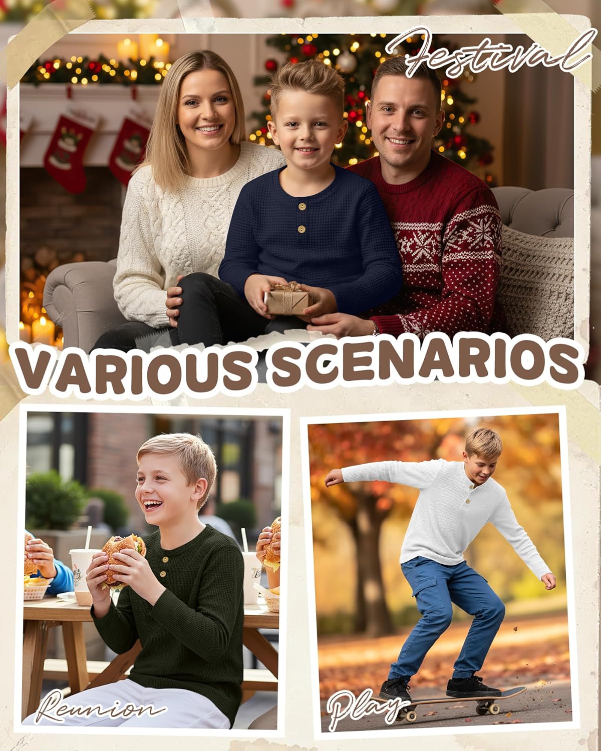 4 Pack Boy's Long Sleeve Henley Shirts, Waffle Thermal Cotton Blend Tops Fall Winter Breathable Tees 5-14 Years - Image 4