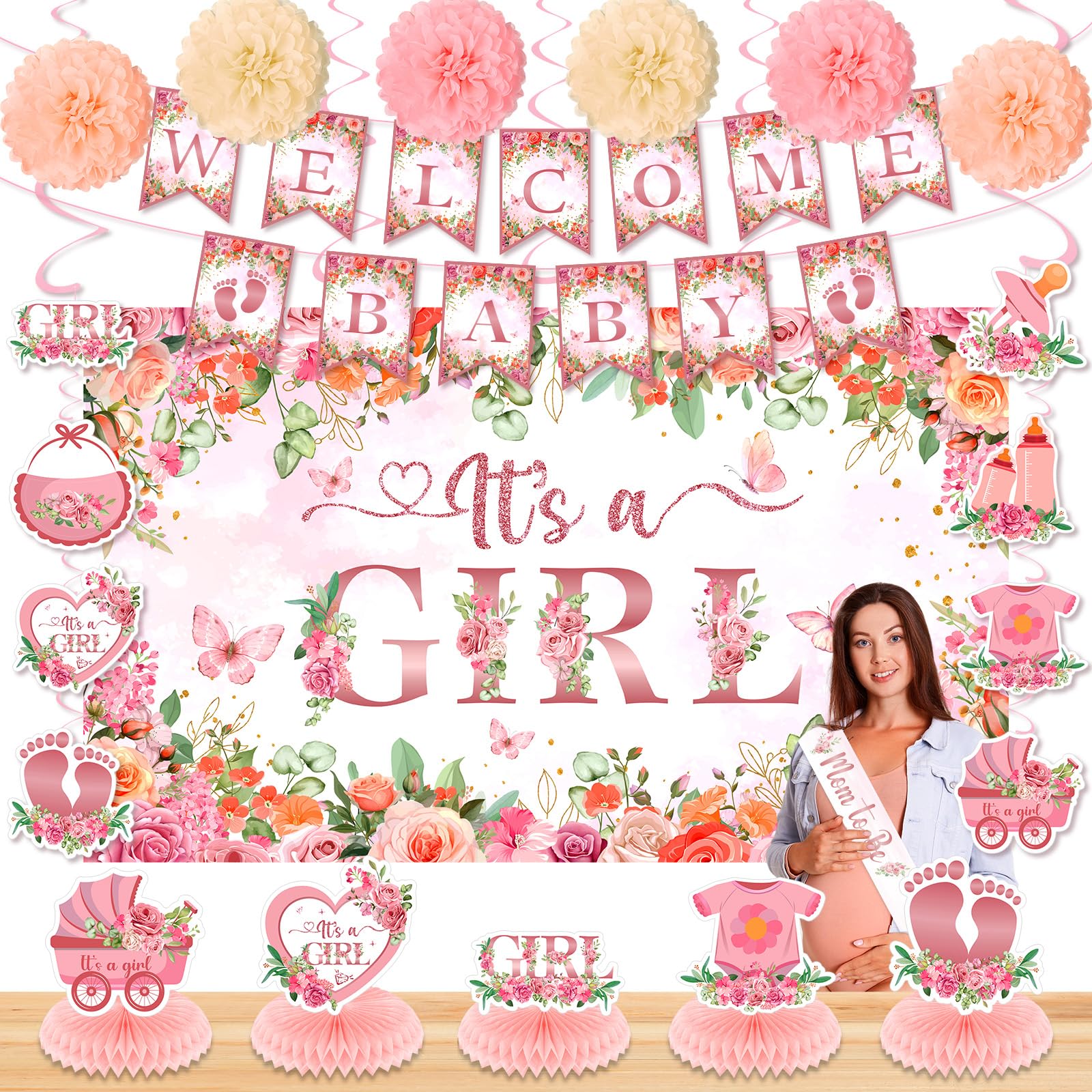 Baby Shower Decorations for Girls Pink Floral Baby Girl Shower Decor with It's a Girl Backdrop, Welcome Baby Banner, Honeycomb, Swirl, Mom to Be Sash,