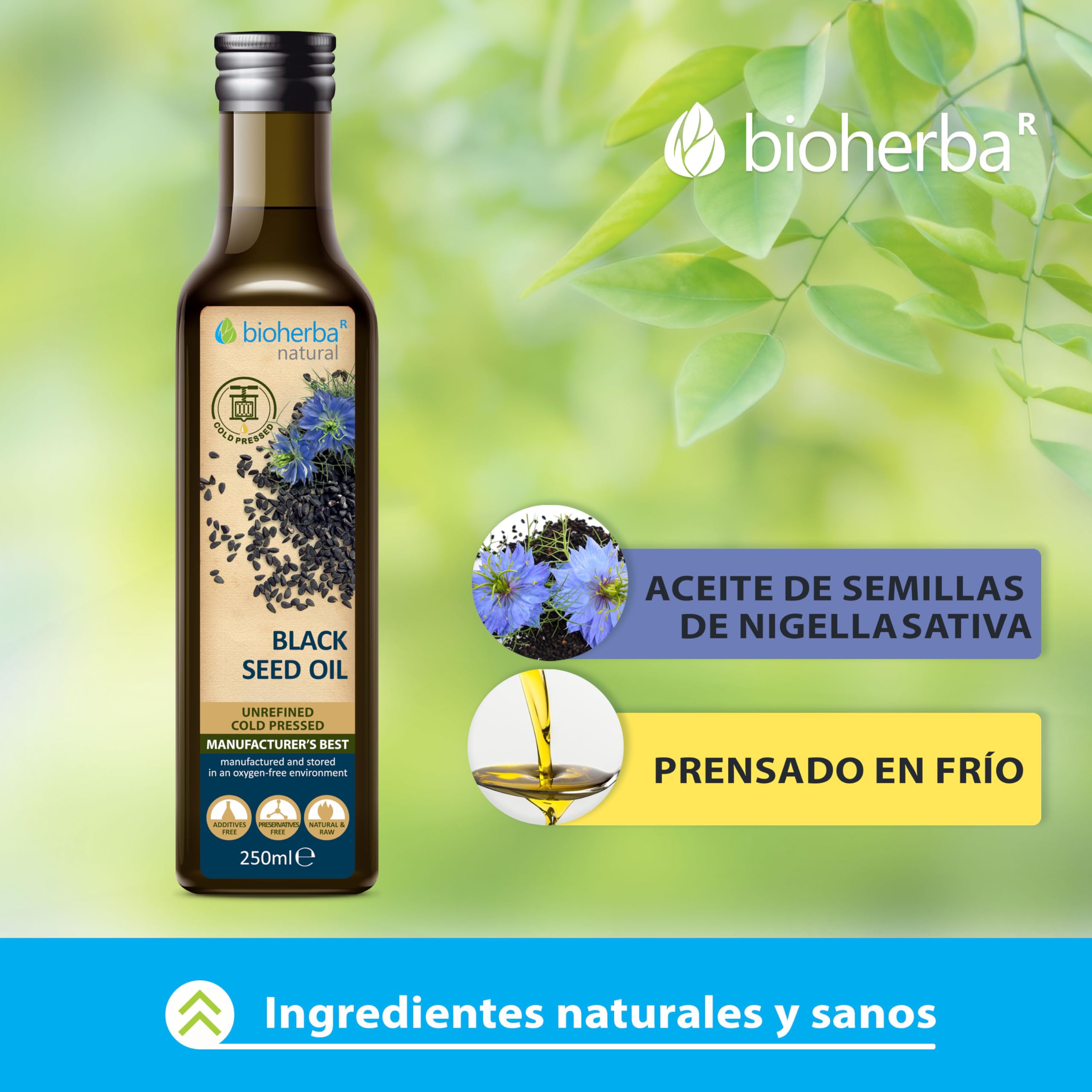 4 Aceite de semillas de Nigella Sativa 250 ml cold pressed by BIOHERBA – aceite natural para piel, cabello, masajes y cocina – prensado en frío, puro vidrio (1000)