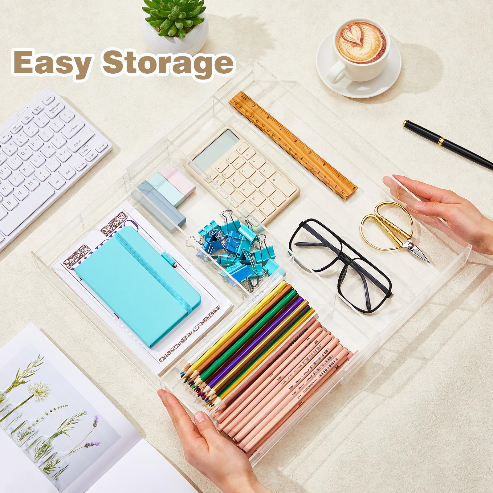 Briwooody 2 organizer per cassetti in acrilico, da 22,7 cm fino a 45,7 x 38,1 x 5,1 cm, espandibile, per penne, quaderni, righelli, trucchi, con 7 scomparti regolabili, per scrivania, ufficio, cucina