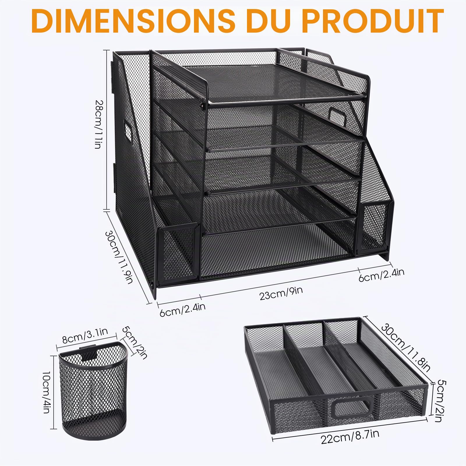 Organiseur de bureau en maille avec porte-fichiers, bac à courrier à 5 niveaux avec porte-magazines, organiseur de bureau et rangement pour fournitures de bureau, maison ou école, noir