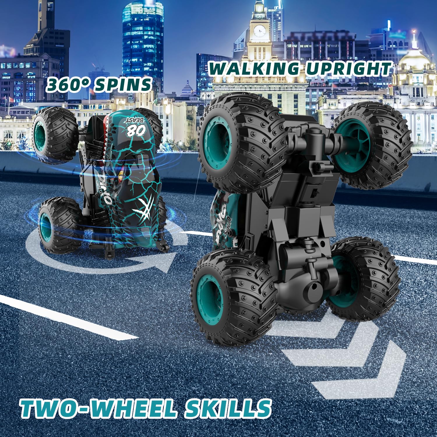 Macchina Telecomandata, 2.4GHZ Monster Truck Telecomandato, Macchina Telecomandata per Bambini con Luce LED, Musica, Camion Telecomandato Drift 360° Rotazione, Regalo Bambina Bambino 4 5 6 7 8 9 anni