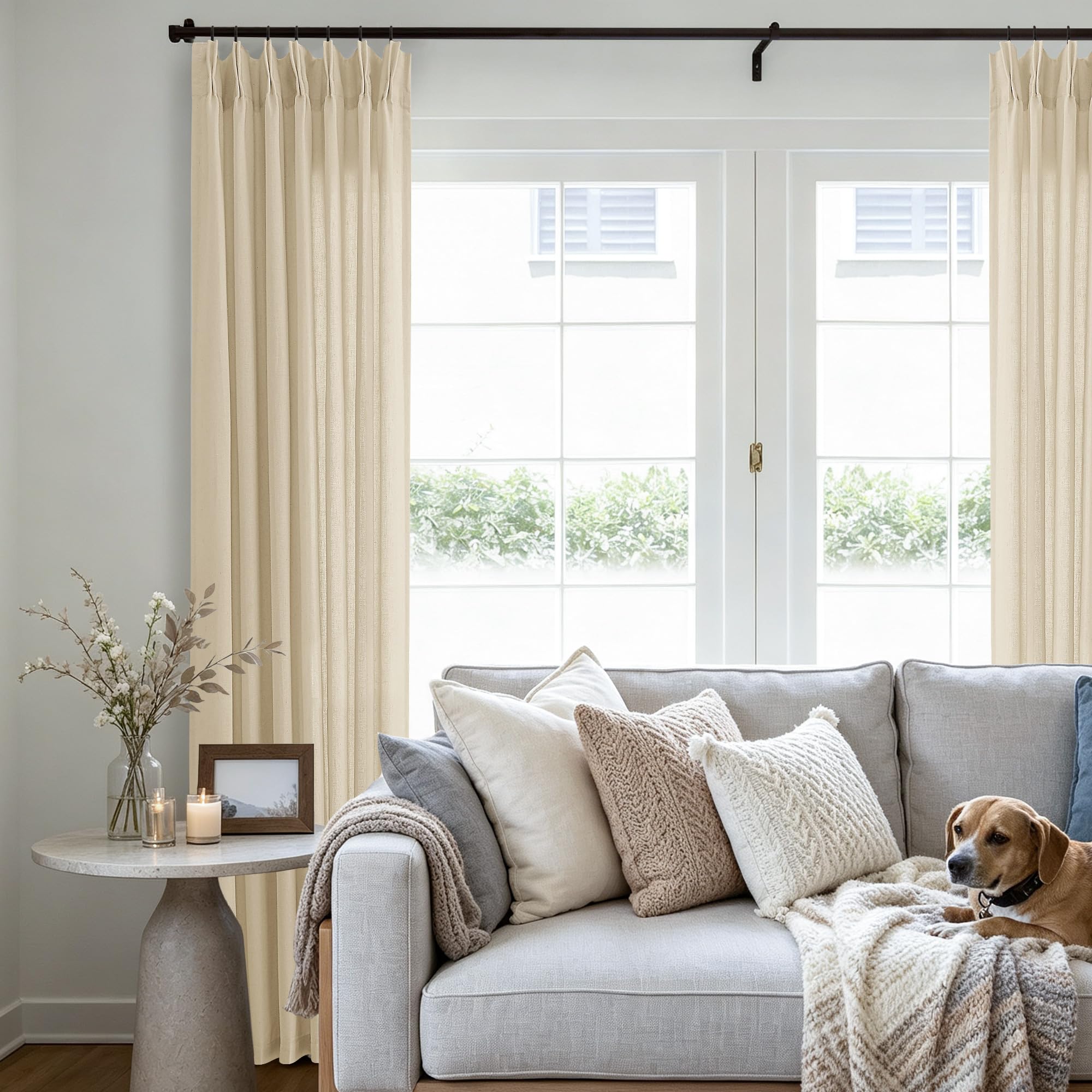 Pinch Pleated Linen Sheer Curtains 108 Inches Long for Living Dining Room with Hooks Rings Back Tab Pinch Pleat Drapes Extra Long Beige Tan Light Filtering 108 Inch Curtains for Bedroom 9FT 1 Panel-image-7