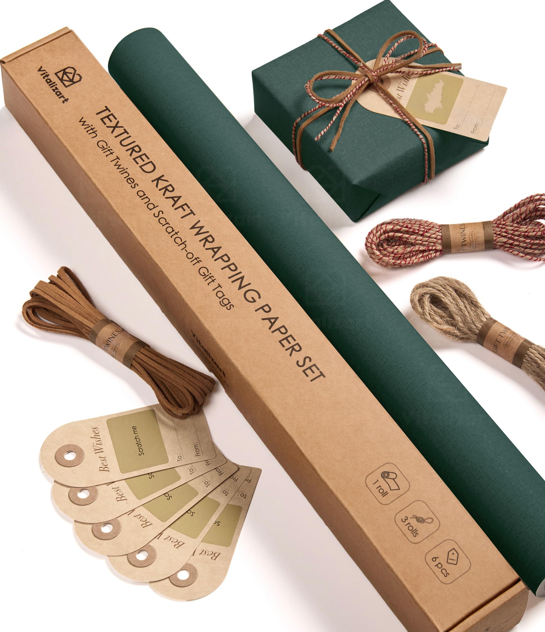 Vitalizart Dark Green Kraft Wrapping Paper 43 cm x 5 m With Twine Ribbons