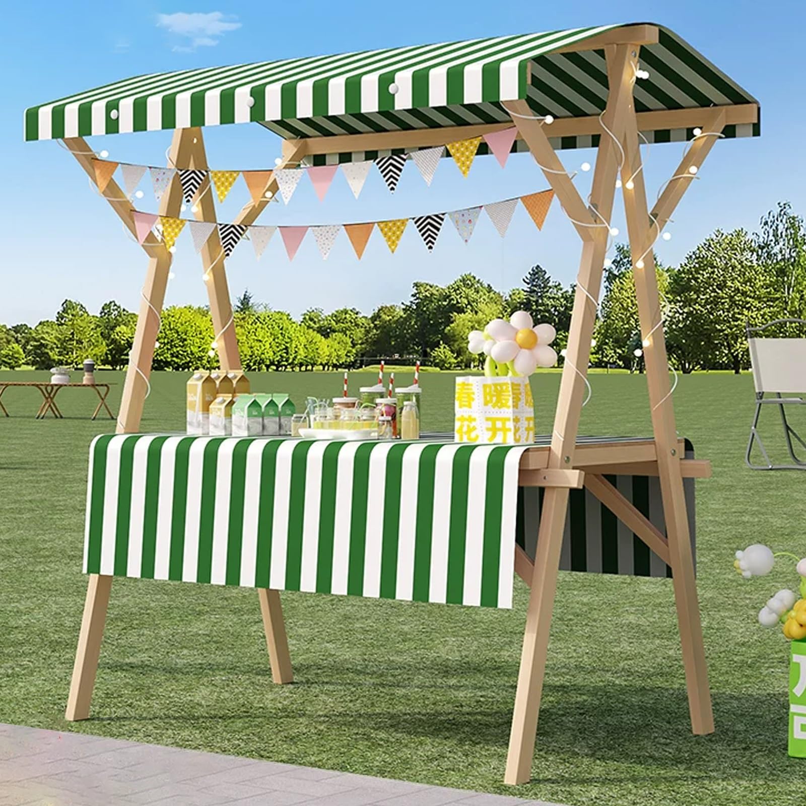 Carretto da Venditore Portatile Pieghevole con Piano in Legno Spesso, tettoia Parasole e Struttura in Legno Rinforzato, Facile da installare, Ideale per mercati, Eventi e Feste all'aperto (r