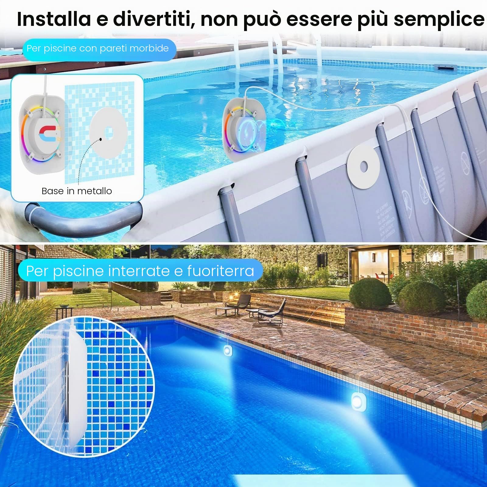 LyLmLe 20 W - Illuminazione a LED senza fili, 12 V luci per piscina sommergibile con controllo APP, dimmerabile, IP68, impermeabile, lampada magnetica con 8 m cavo per piscina fuori terra