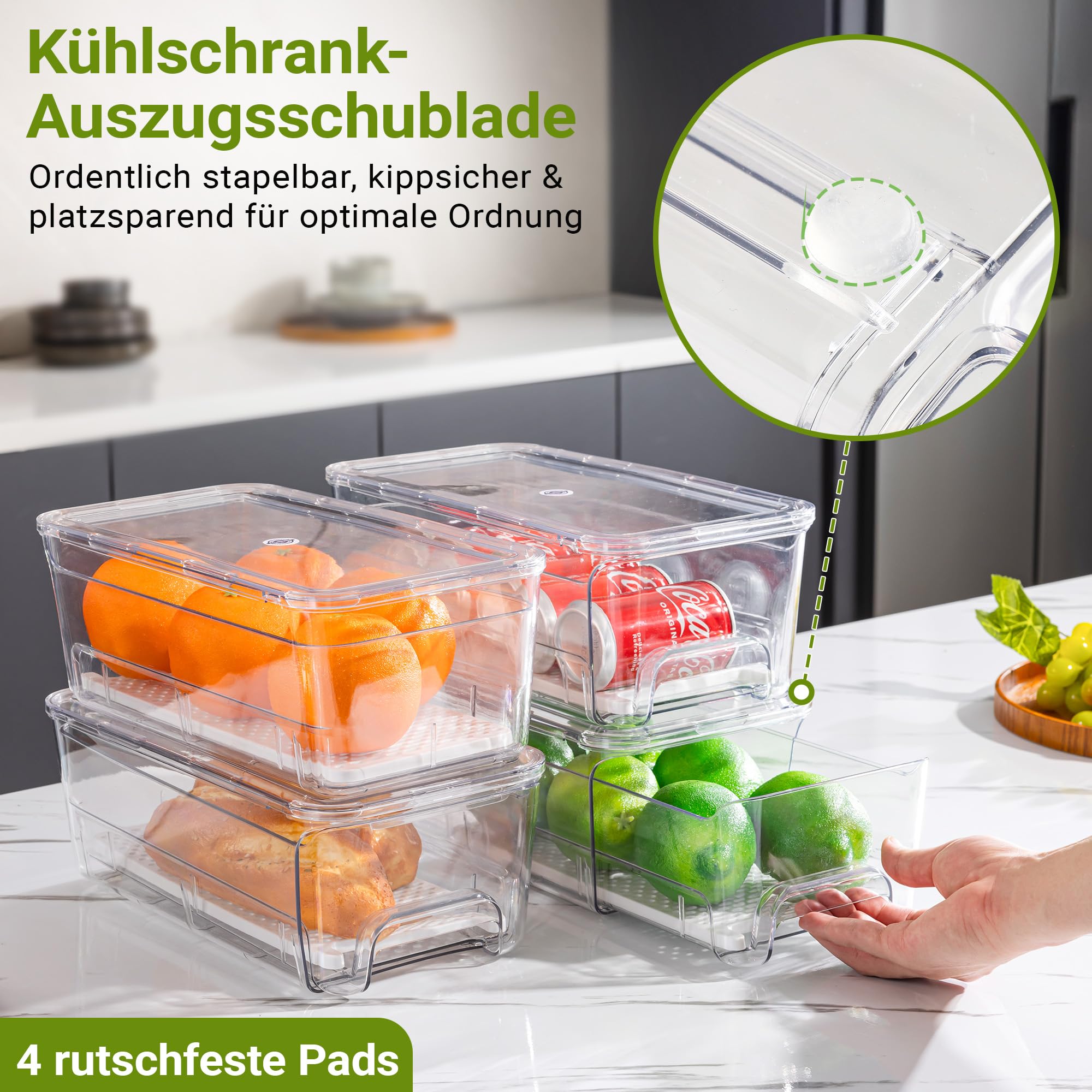 Imncya 6er-Pack stapelbare Auszugsschubladen für den Kühlschrank, transparente Kühlschrankschubladen mit Deckeln, stapelbare Aufbewahrungsschubladen für Gemüse, Obst und Lebensmittel