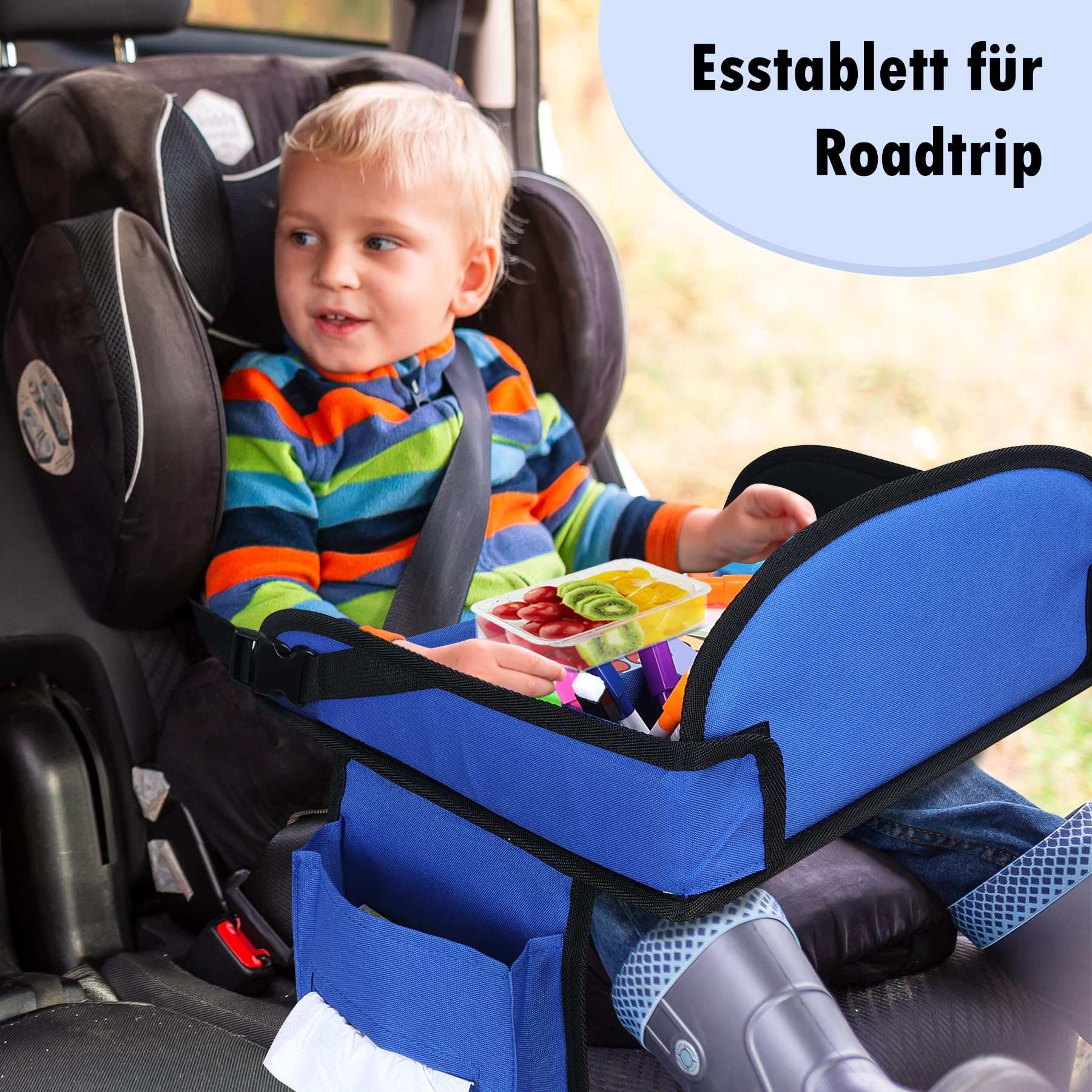 INFANZIA Table de voyage pour enfant - Plateau à genoux - Siège arrière avec crayons de couleur pour avion, train, voyage - Organiseur pliable