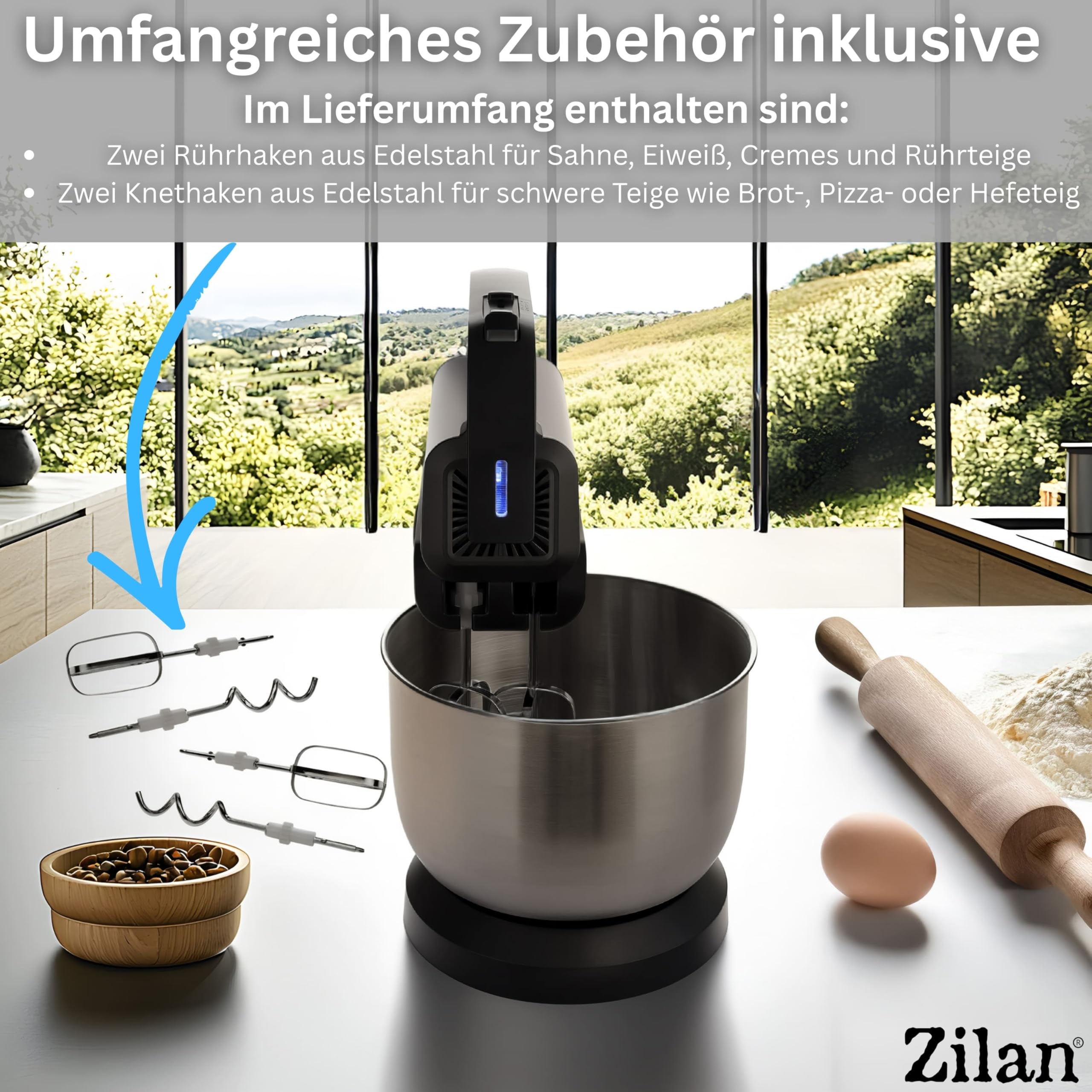 Handmixer mit Rührschüssel 500W – Elektrischer Handrührer mit 3,5 L Edelstahl-Schüssel Knetmaschine automatischer Rotation, 5 Stufen, Turbo 2x Rührhaken & Knethaken Küchenmixer Teigknetmaschine