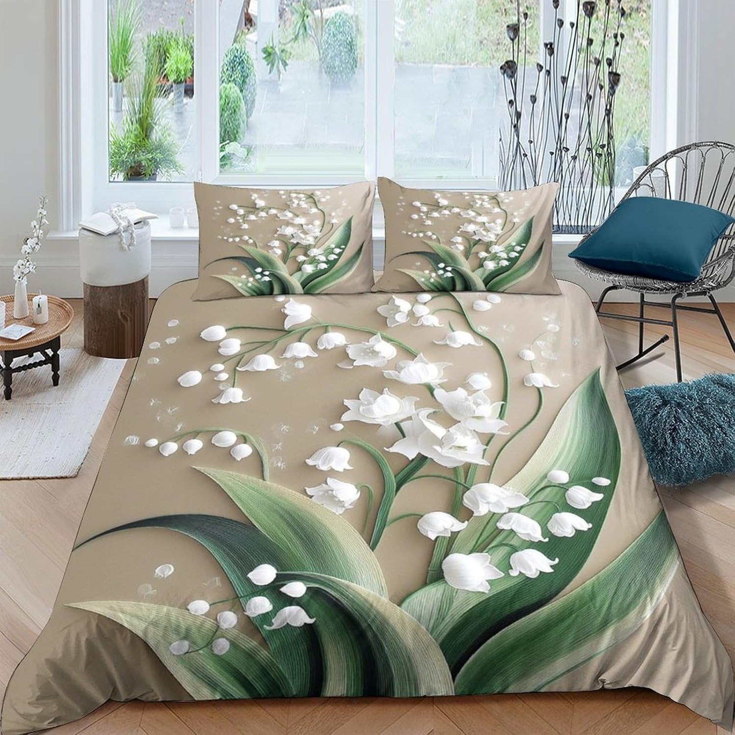 Funda Nordica Cama 135/150 Fleurs de Los Valles Ropa de Cama 3D Plantas Verdes 3 Piezas Suave Transpirable Microfibra Funda Nórdica 240x220 cm y 2 Fundas de Almohada 50x75 cm C.2429