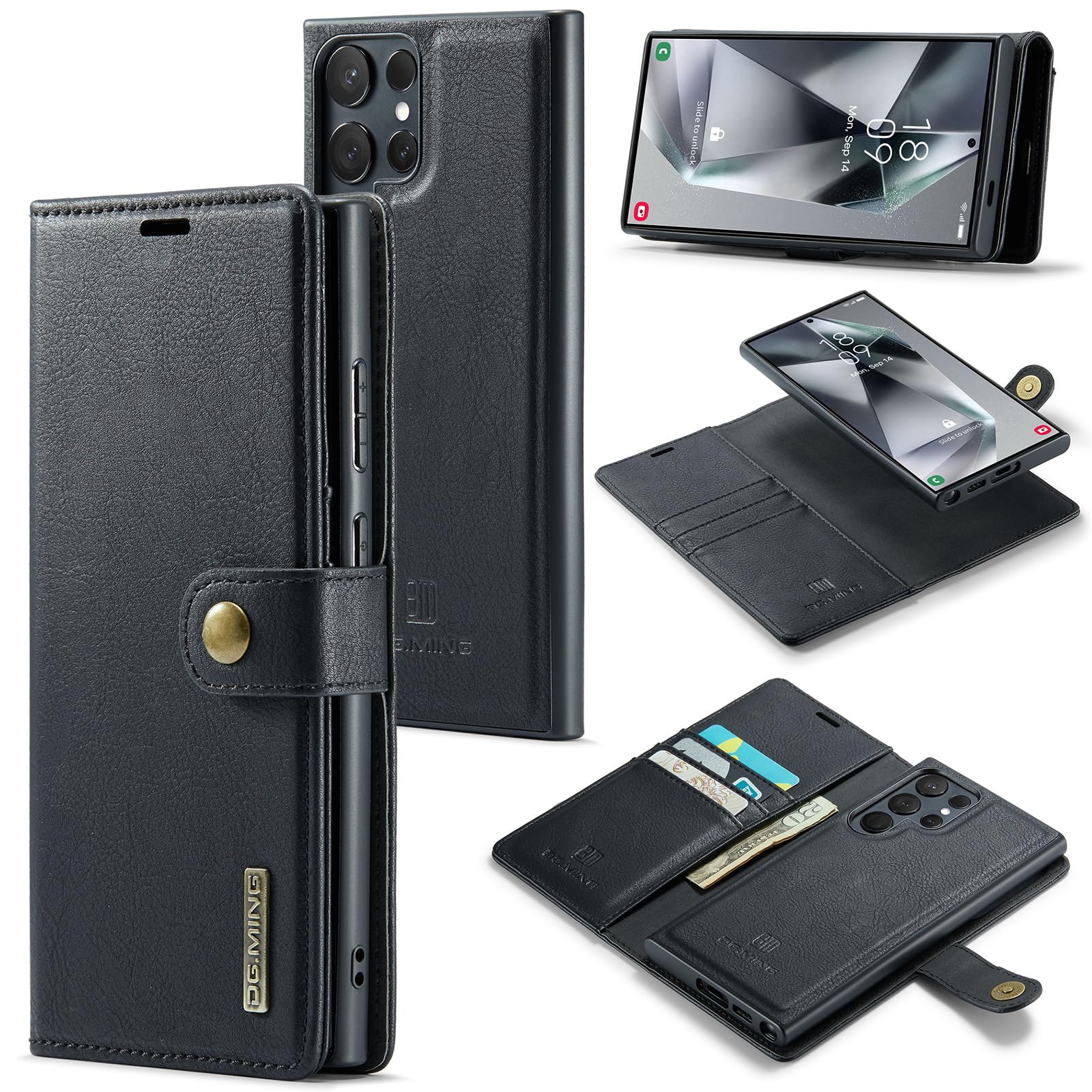 ZORSOMEDG.MING for Samsung Galaxy S24 Ultra Genuine Leather Wallet Case, Detachable 2 in 1 Split Leather Wallet Phone Cover,Magnetic Pouch Shell (Black)