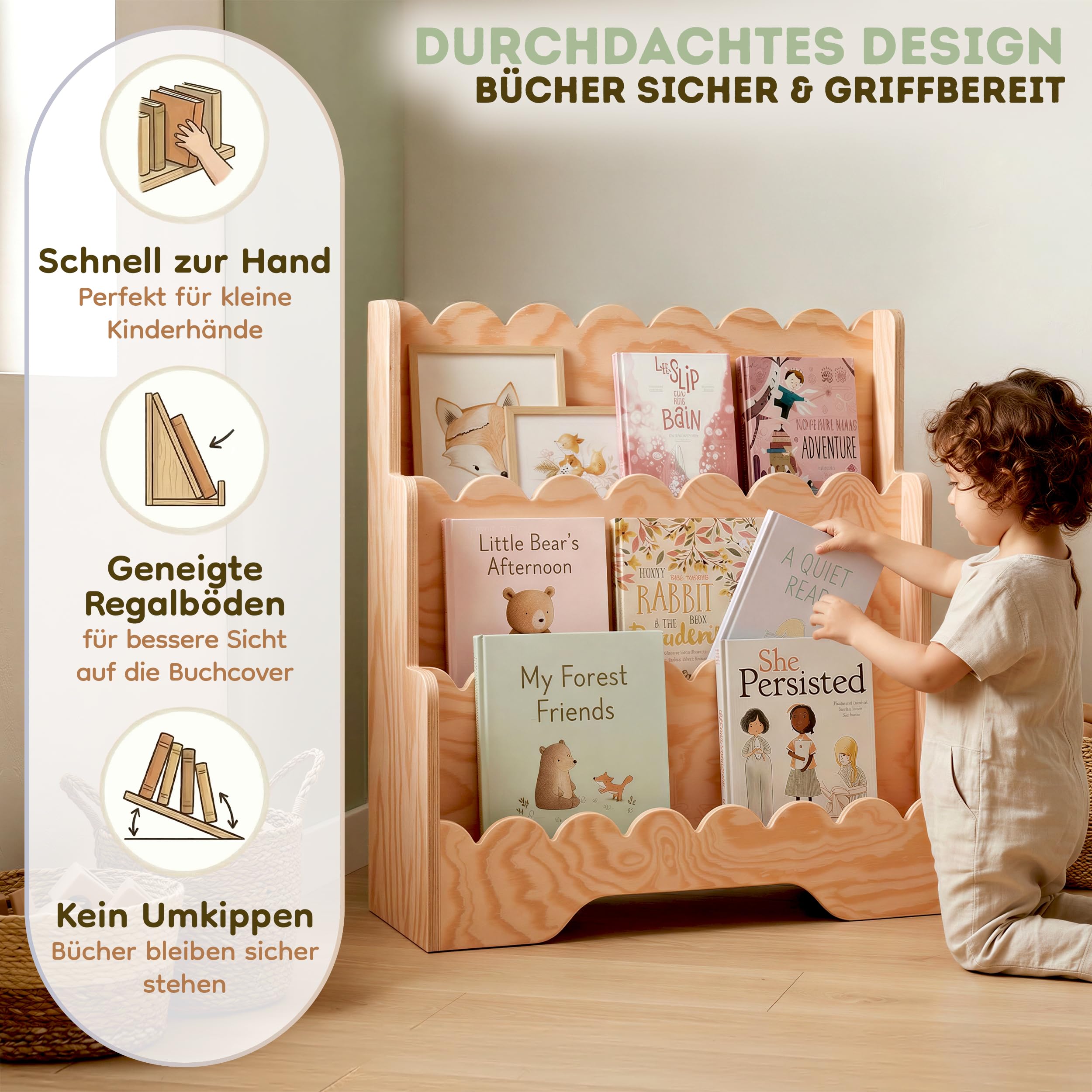 smartwood Montessori Bücherregal Kinder, FSC-Kiefernholz, Natur, LULU | 3-stufig, 64x31,5x71 cm, Einfache Montage, FSC-zertifiziert, bietet Platz für Bücher & Spielzeug, ideal für Kinderzimmer
