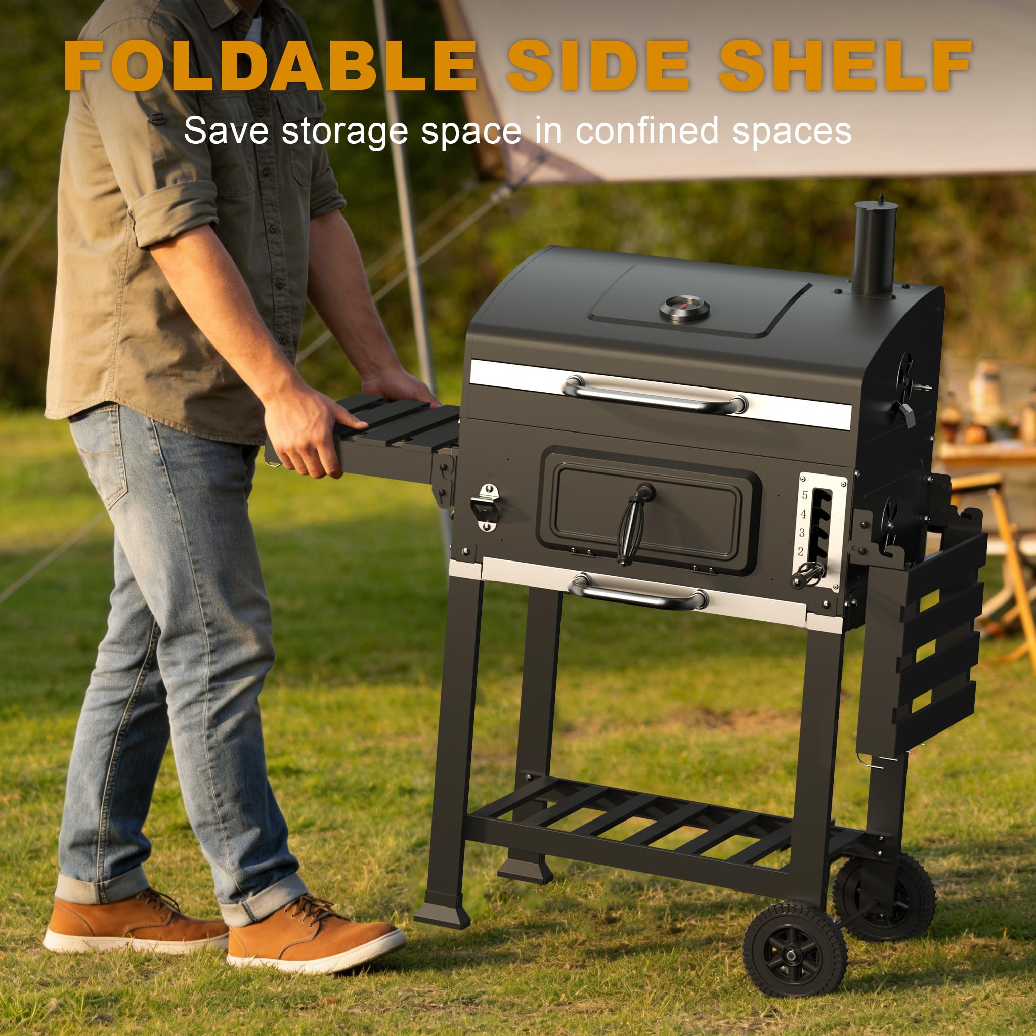 TEENO Parrilla para barbacoa de carbón XXL, control de calor de 5 niveles, con guantes y pinzas, mesas laterales plegables, termómetro, estante de calentamiento y ruedas para fiestas al aire libre