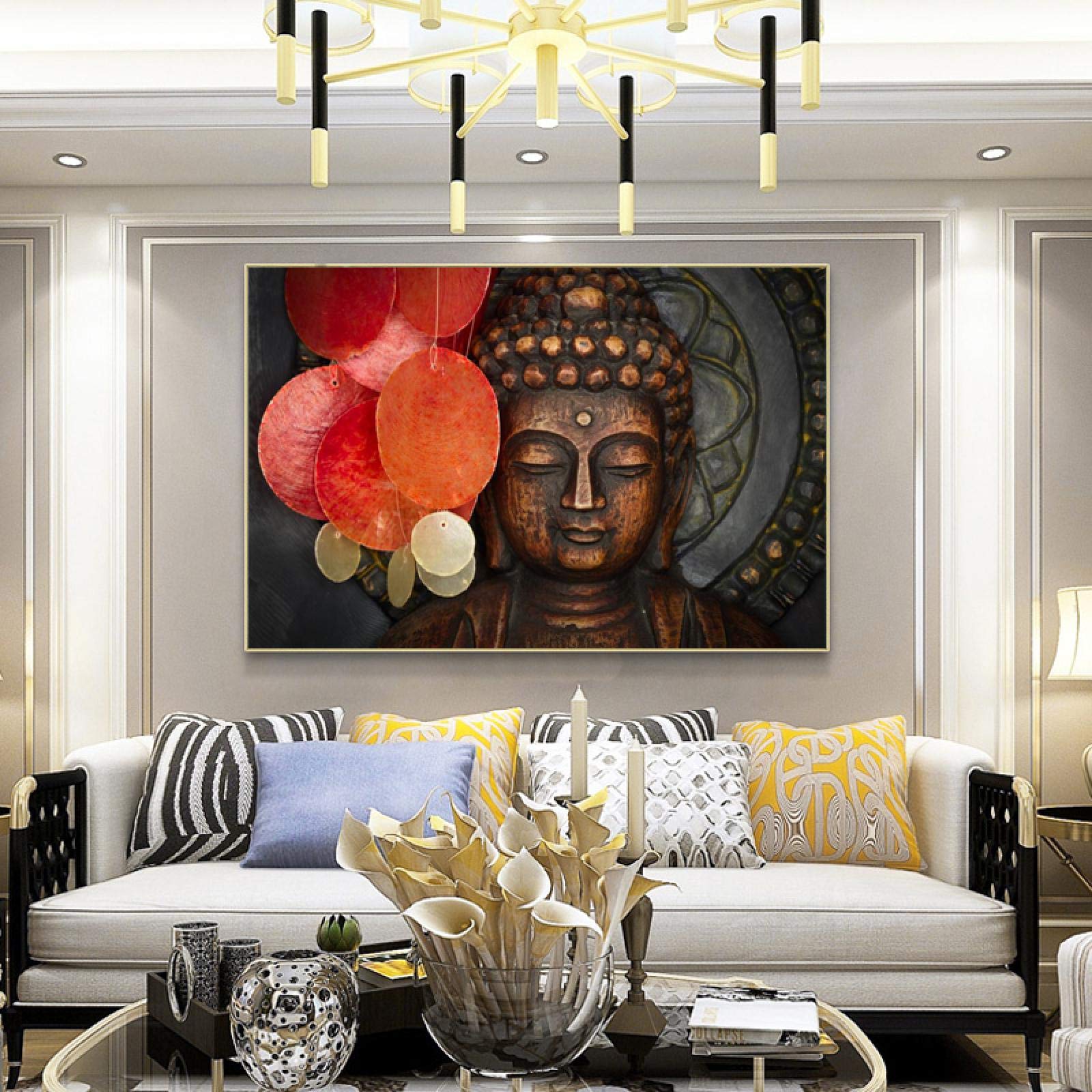 Yooyu Estatua tallada de Buda de bronce Pintura en lienzo de pared Pósteres e impresiones de Buda Cuadro de arte de pared para sala de estar Decoración del hogar 60x95cm (24x37in) con marco