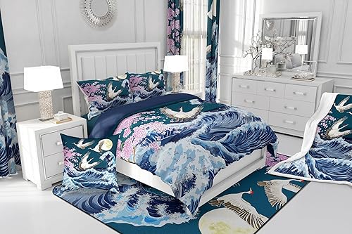 Miniatura 8 de Juego de edredón de estilo japonés tamaño individual, juego de ropa de cama con estampado de grulla de cerezo para niños, niñas y mujeres,