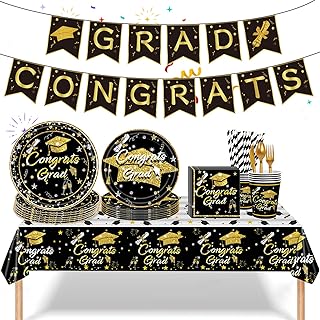 DZOMK 2023 Graduation Party Supplies Congrats Grad Plates and Napkins Set Disposable Tableware Paper Plates Napkins Cup Knive Spoon Fork Straw for Class of Party Decorations Serve 24 Set(Black Gold)