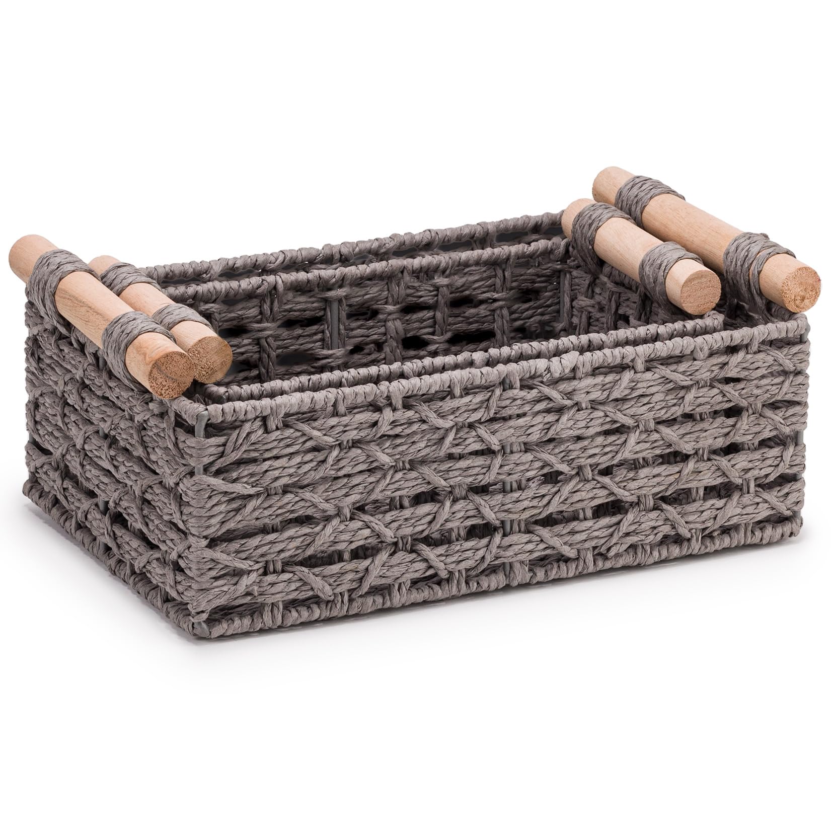 Woodluv Grey Storage Basket For Shelves Set Of 2, Hand-Woven Wicker Storage Hamper Basket Organiser With Handle,