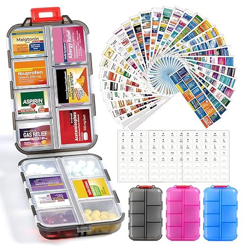 3 Pack 14 Grids Travel Pill Organizer Box with 415-Pcs Medicine Name Labels - Pocket Daily Pharmacy Case Container Kit - Travel Medication Holder Dispenser for Fish Oil Vitamin Supplement - Clear - Clear-blue+pink+grey - with Bulk Med Labels