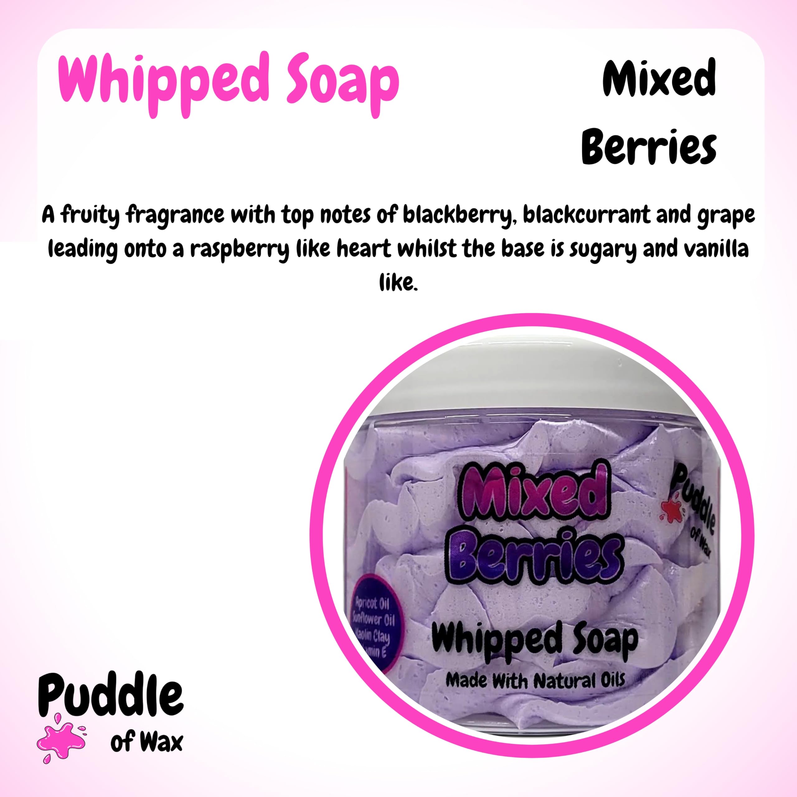 Mixed Berries Whipped Soap Body Wash, 150g, Natural Oils & Kaolin Clay, Fruity Scent, Vegan Friendly, Puddle of Wax - Image 2