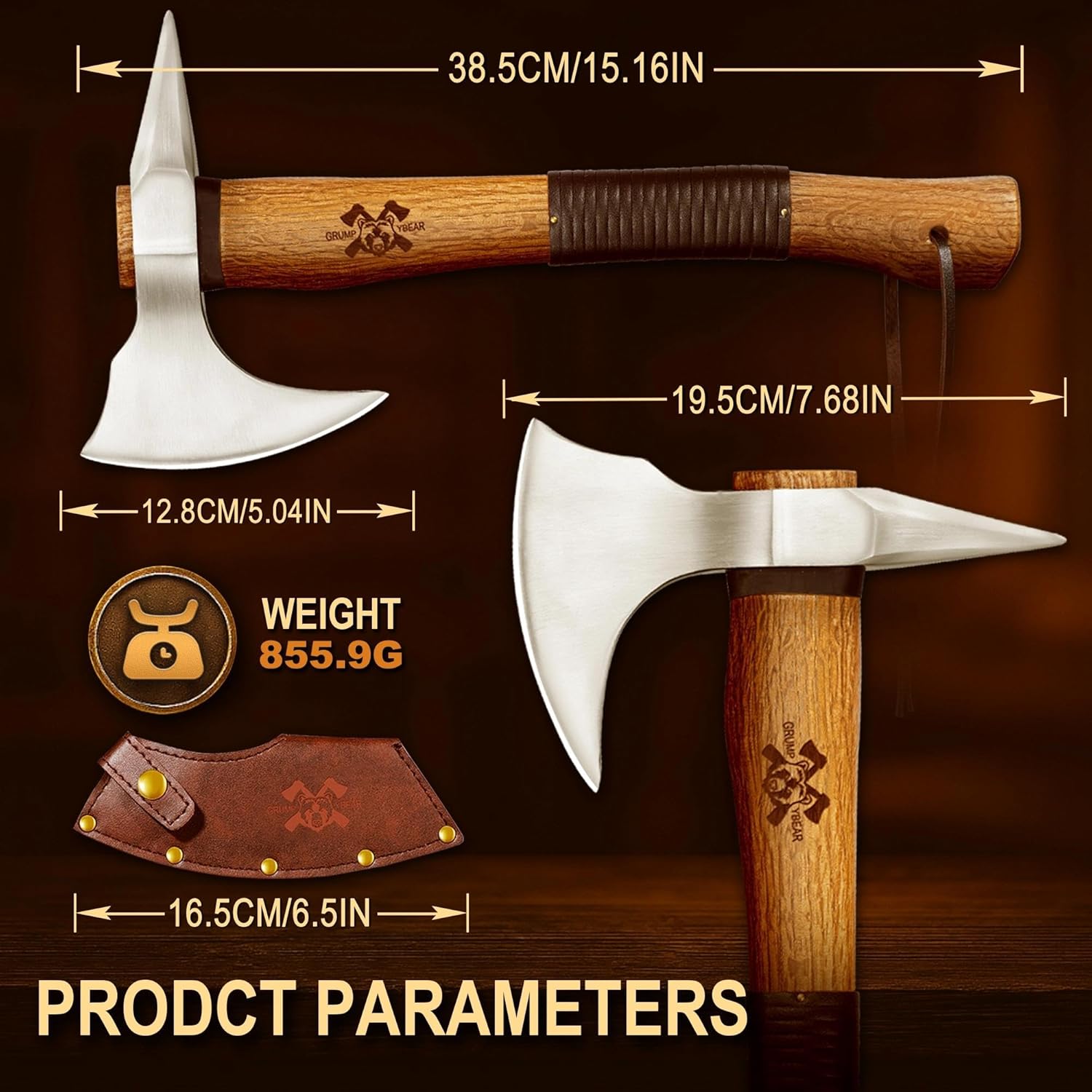 Grumpy Bear 15" Survival Axe Camping Hatchet – Forged High Carbon Steel Blade with Walnut Wood Handle – Anti-Slip Grip – Ideal for Bushcraft, Wood Splitting & Outdoor Adventures Sliver