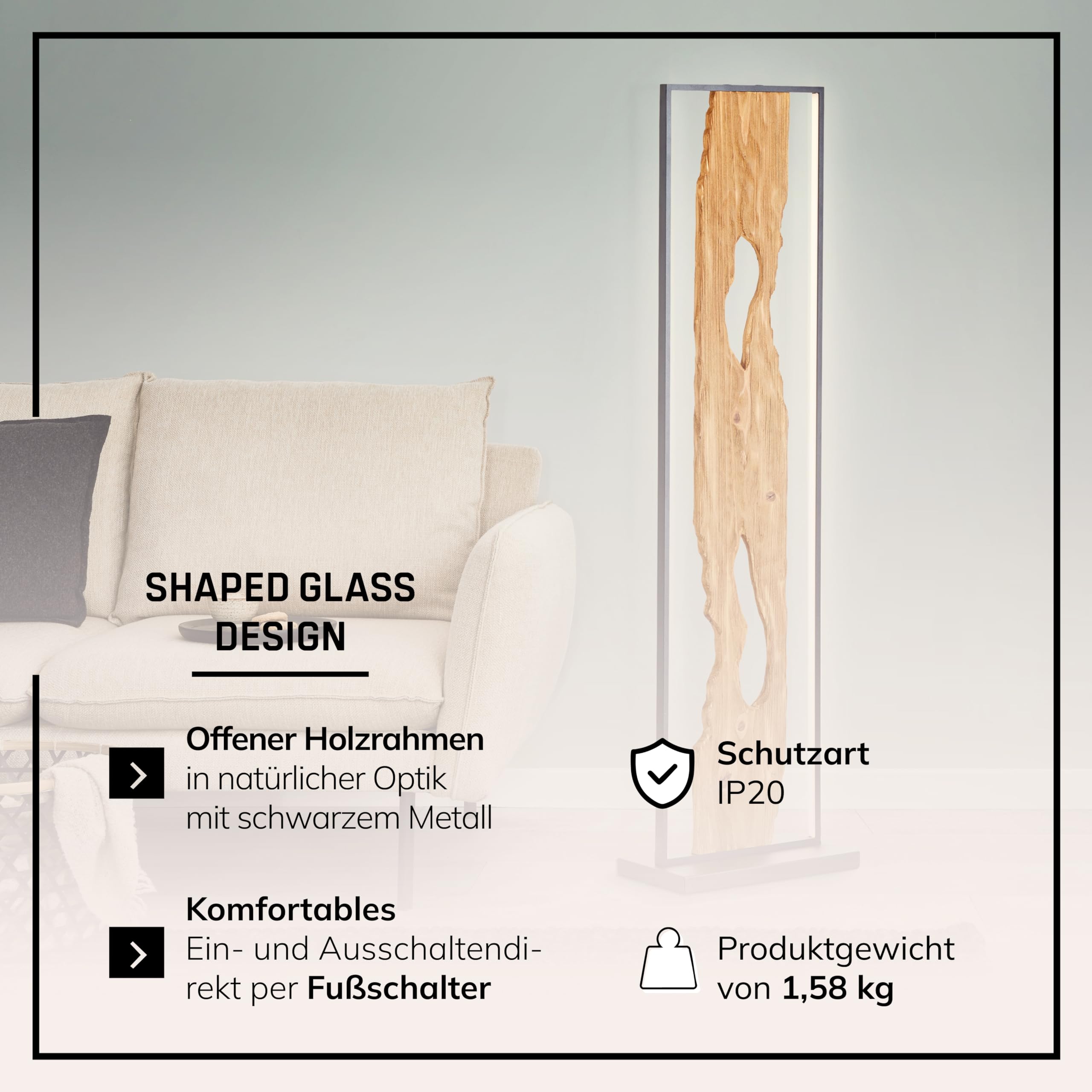 Lightbox LED Stehlampe schwarz - Stehleuchte Holz 120 cm mit Fußschalter - Standlampe Wohnzimmer warmweiß 3000K - 2300 lm inkl. LED