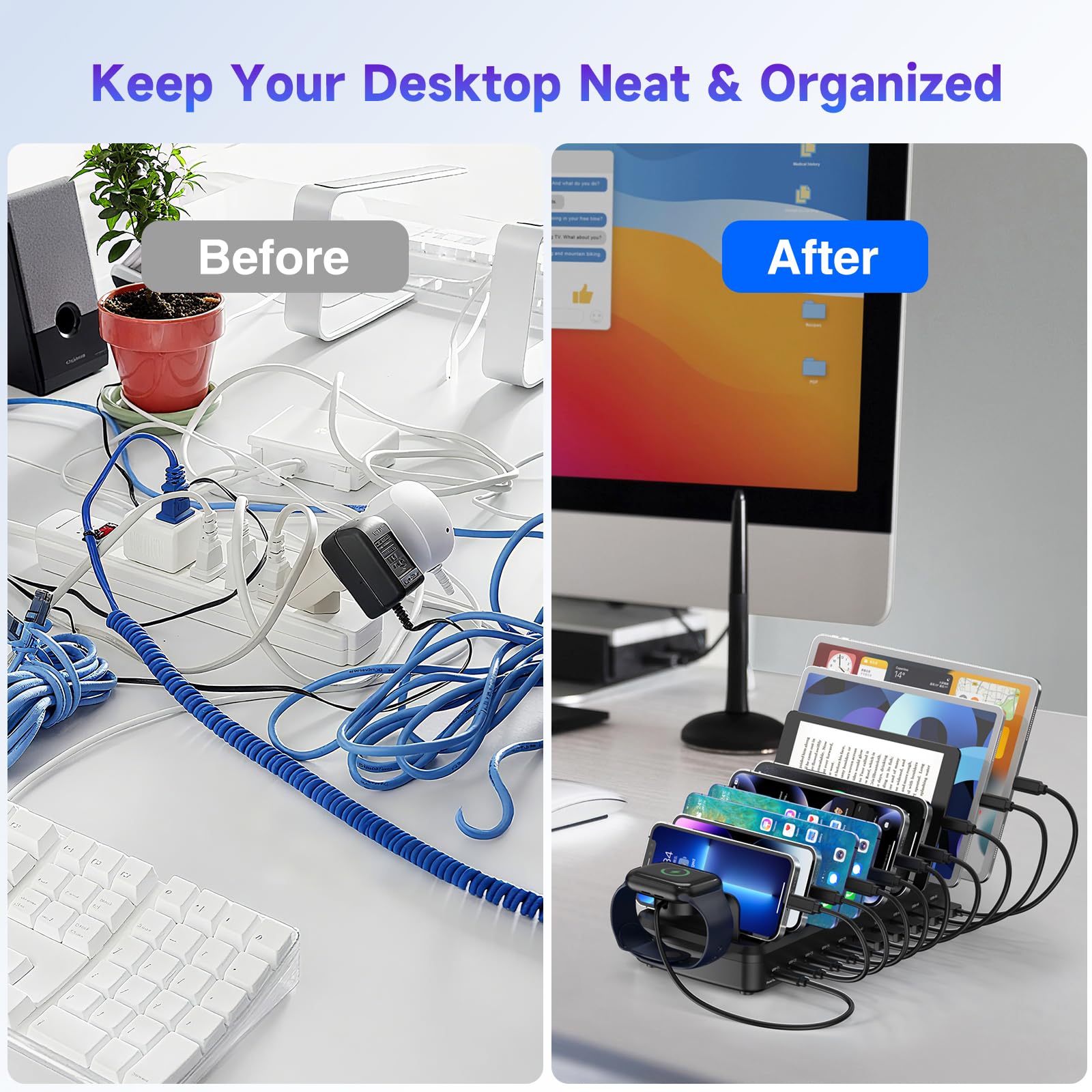 Stazione di ricarica da 285 W per più dispositivi, 10 porte, caricatore veloce multi-dispositivo organizer compatibile con MacBook Pro Laptop, iPhone, Android, iPad, tablet, Kindle, dock di ricarica