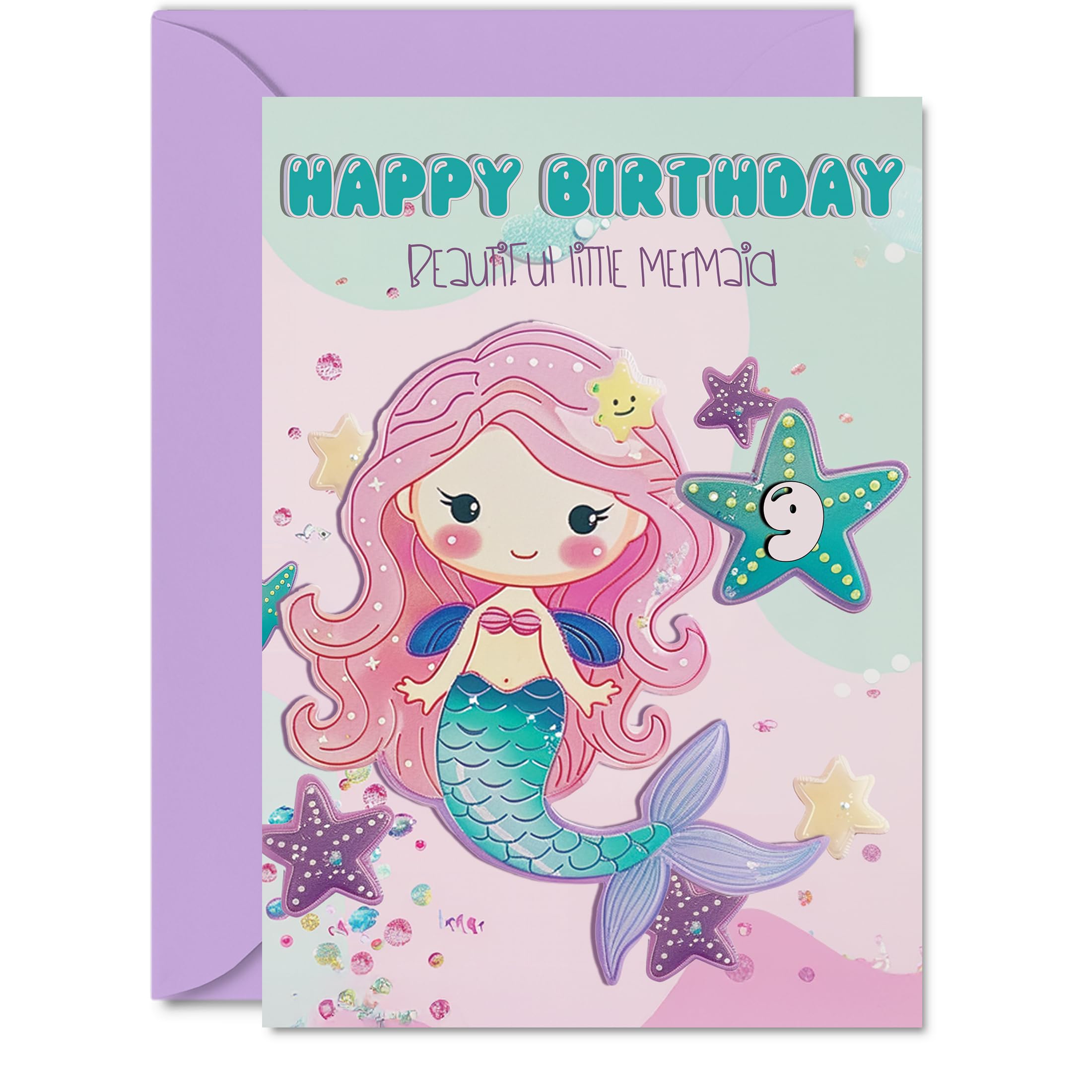 9th Birthday Card Girl - Beautiful Little Mermaid - Happy Birthday Card for 9 Year Old Girl, Age 9 Girls Cards, A5 Bday Greeting