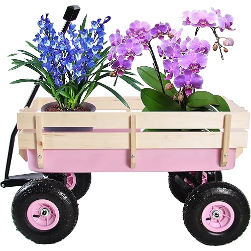 All Terrain Wagons for Kids Wagon with Removable Wooden Side Panels, Garden Wagon with Steel Wagon Bed, Folding Wagons for Kids/ Pets with Pneumatic Tires, Pink