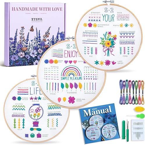 Miniatura 7 de ETSPIL Kit de bordado de 3 juegos para adultos principiantes, aprende 33 puntadas diferentes, incluye patrón de flores estampadas, aro, hilos de