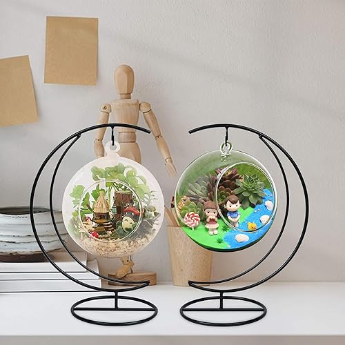 Miniatura 7 de Akamino Soporte de exhibición de adornos, paquete de 2 soportes para macetas de flores de aire de media luna, estante de hierro para decoración de