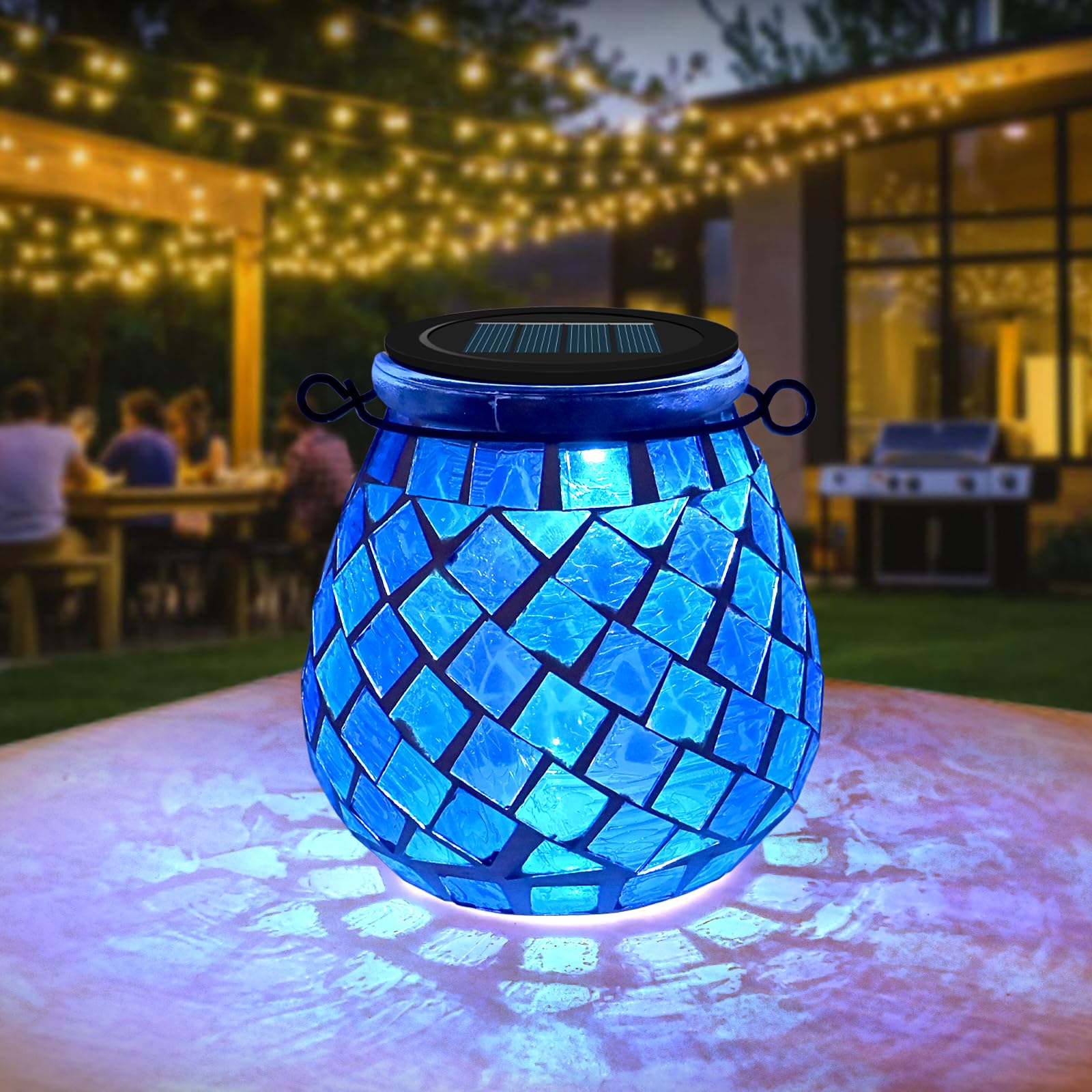 TOTHDATE 1PCS Solar Mosaik Leuchte Oval für Außen, On/Off Glas Mosaik Hängend Licht Solarlaterne Tischleuchte IP65 Wasserdicht für Rasen Pfad Hof Deck Boden Teich, Blau Quadrat Mosaik
