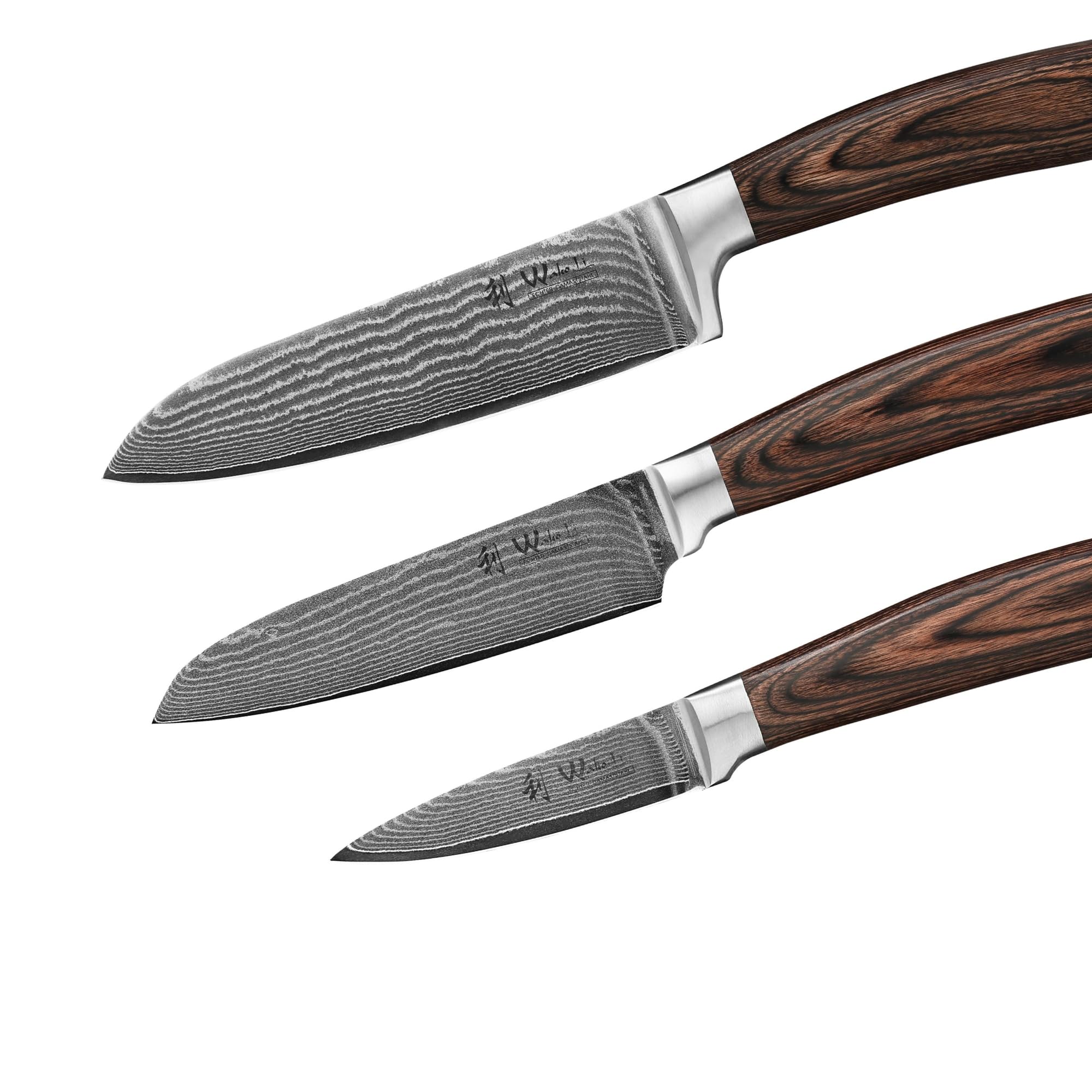 WAKOLI EDIB juego de 3 cuchillos de cocina de acero de damasco con núcleo VG10, hojas de 8,5 a 17 cm, 2 cuchillos Santoku y cuchillo de oficio, con bloque magnético de acacia y mangos de madera Pakka