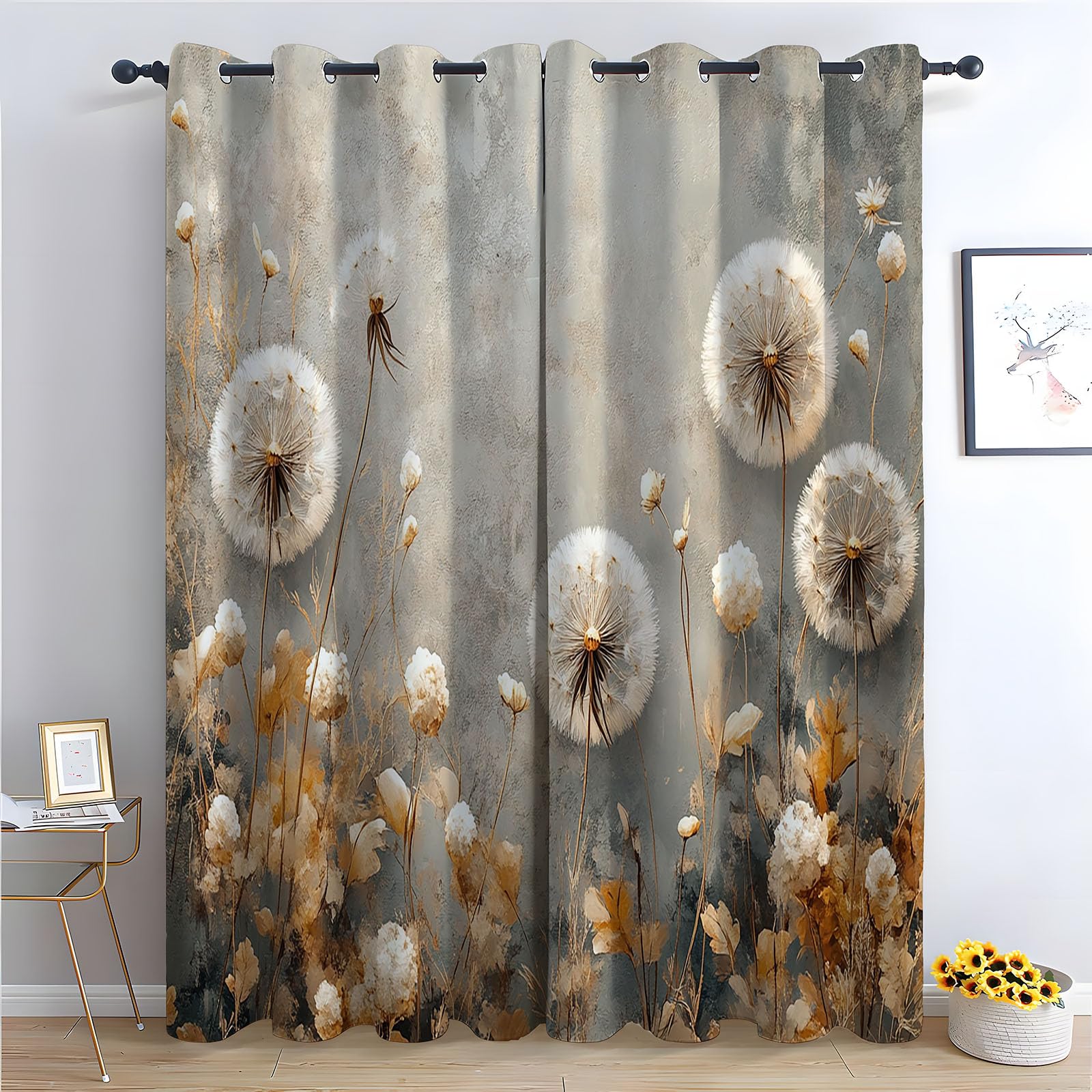Vorhänge Blumen Muster Goldenes Blumenmuster Vorhänge mit Ösen für Wohnzimmer Botanisch Halbtransparent Ösenvorhang für Bauernhaus Schlafzimme-H230 x B130 cm (2er Pack)