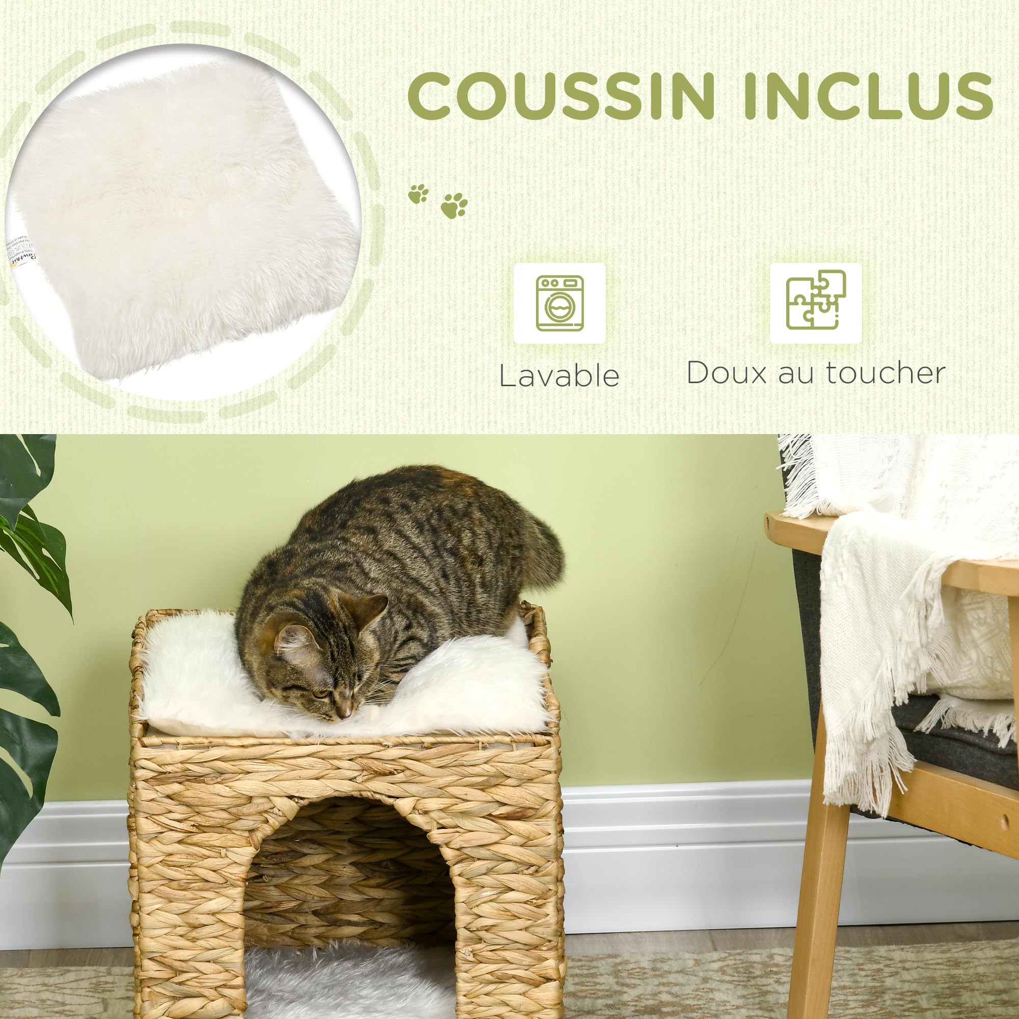 PawHut Maison à Chat Niche pour Chat à 2 Niveaux avec 2 Coussins en Jacinthe d'eau - 37,5 x 37,5 x 41,5 cm Marron, crème