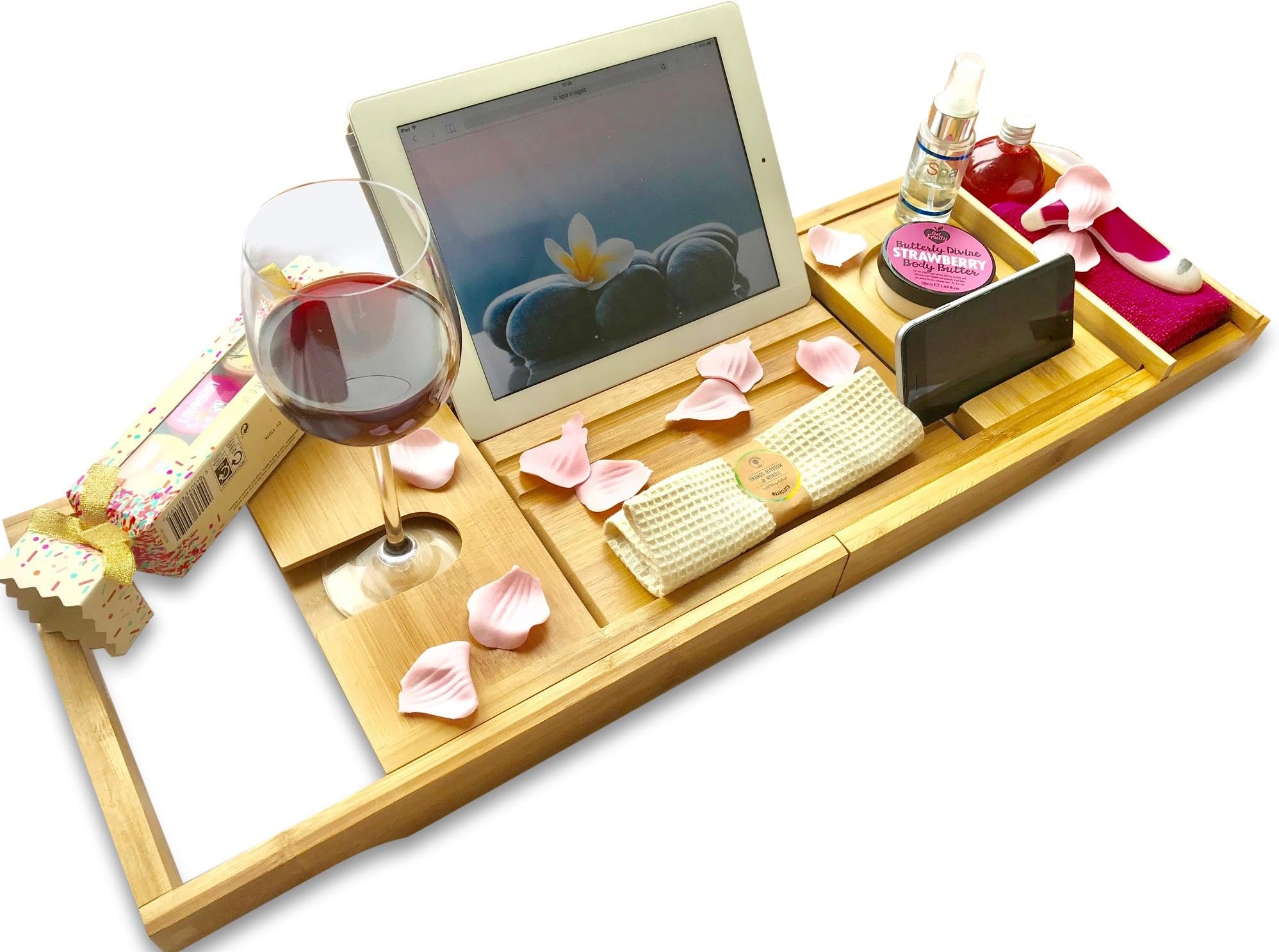 DRYZEM Bath Tray | 100% Bamboo Bath Caddy | Nonslip Extendable Wooden Over Bath Tray with Glass, Phone & Book Holder | Luxury Bath Trays for Any Bath Size | Bath Shelf Over Bath with iPad Holder