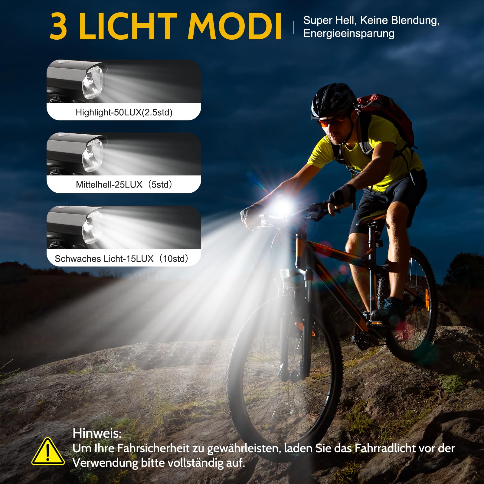 Realky LED Fahrradlicht Vorne, 50 LUX, Fahrradlicht USB Aufladbar mit 1200mAh Akku, IPX5 Wasserdicht Fahrradlampe Vorne, StVzo Zugelassen 