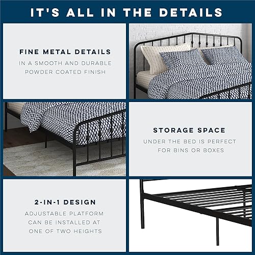 Miniatura 6 de Novogratz Bushwick - Cama de metal moderna, cabecero y pie de cama ligeramente triangulares con husillos insertados, altura de base ajustable para