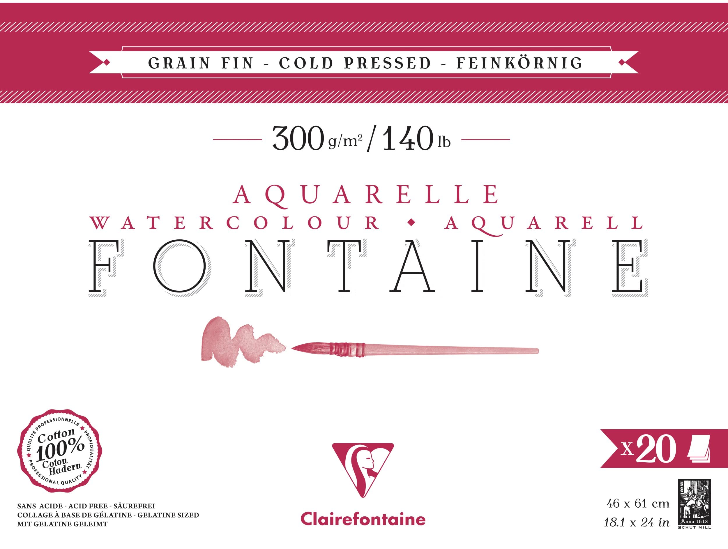 Clairefontaine 975504C - Aquarellblock Fontaine feinkörnig, 20 Blatt, 46x61cm, 300g, geleimt, ideal für Nasstechniken, 1 Block