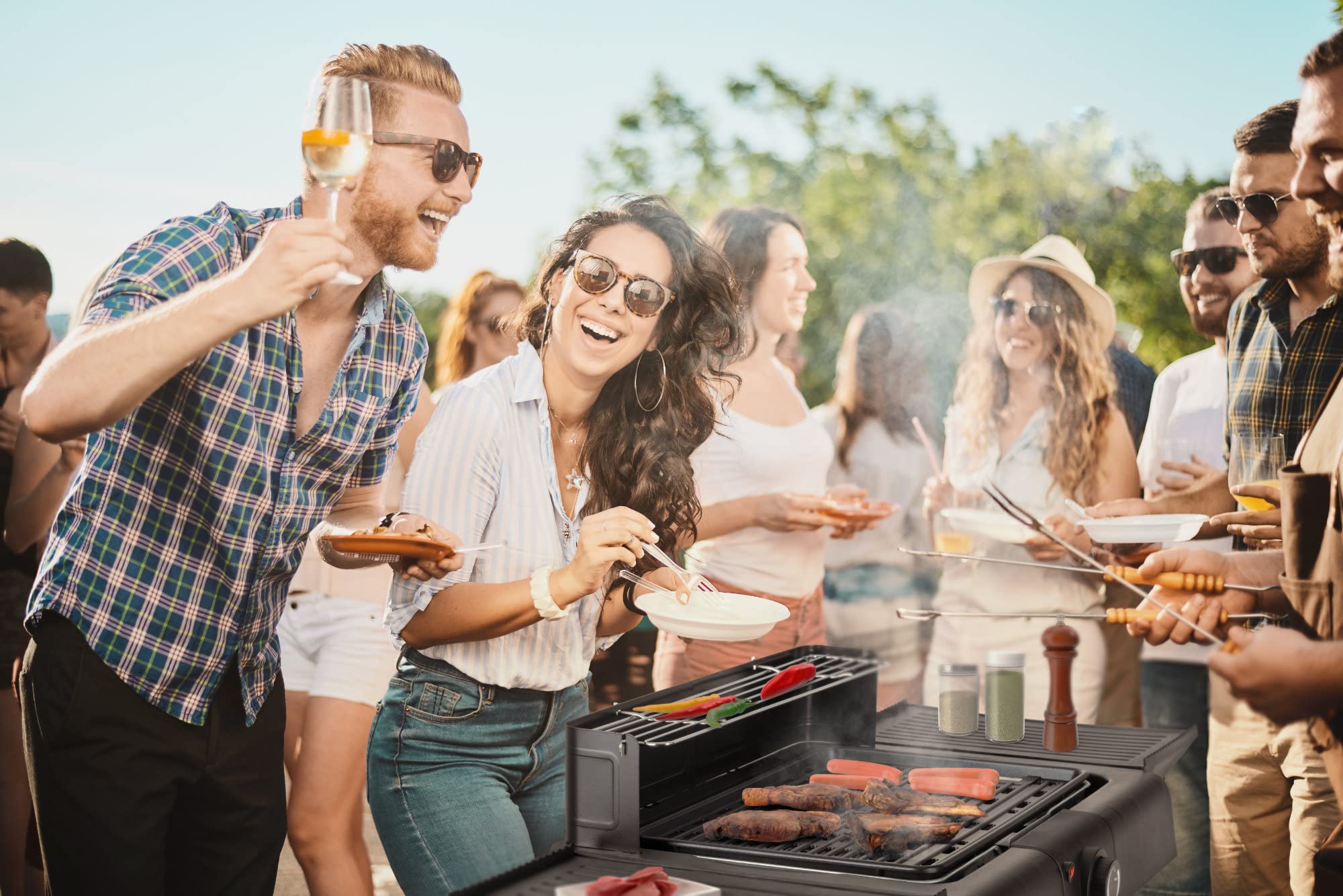 Stagecaptain EBBQ-2000 Grill Électrique 2000W 3en1 - Table/Pied, Grille & Plaque, Intérieur/Extérieur, Antiadhésif, Bac à Graisses, Réglage Continu.
