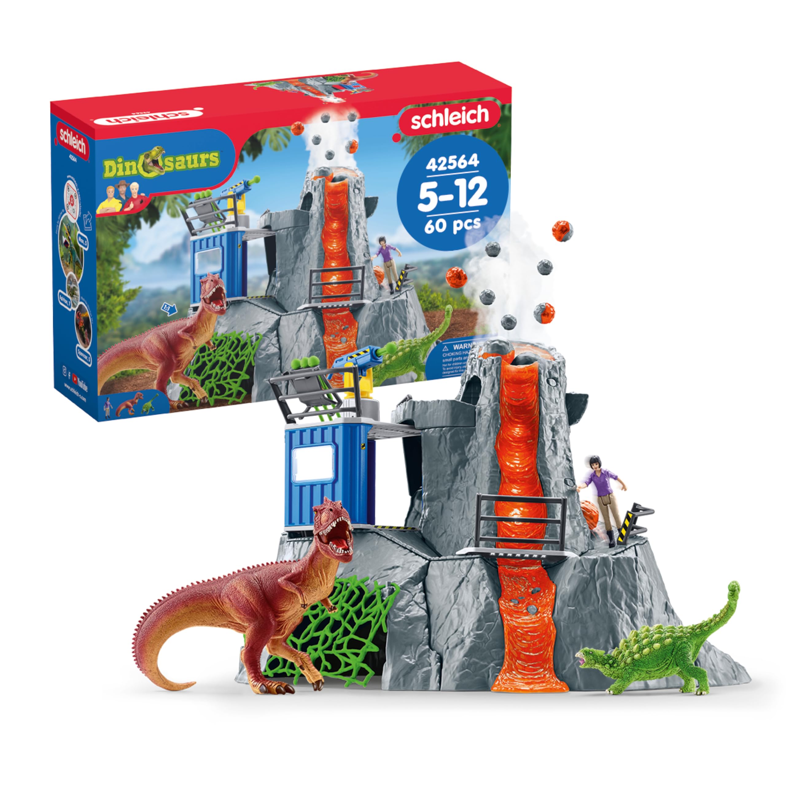 Schleich Dinosaurs - 60PC Volcano Expedition Base Camp Playset - Dinosaur Toy Playset with LED, Smoke Erupting Volcano, Dino Figurines for Boys and Girls - Interactive for Kids Ages 5+ | 42564