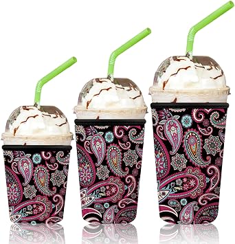 3 Pack Reusable Iced Coffee Insulator Sleeve - Paisley Reusable Neoprene Insulated Sleeve for Cold/Hot Beverages, Cold Drink Sleeves for 16-32oz Coffee Cup, Boho Cup Sleeves Gifts