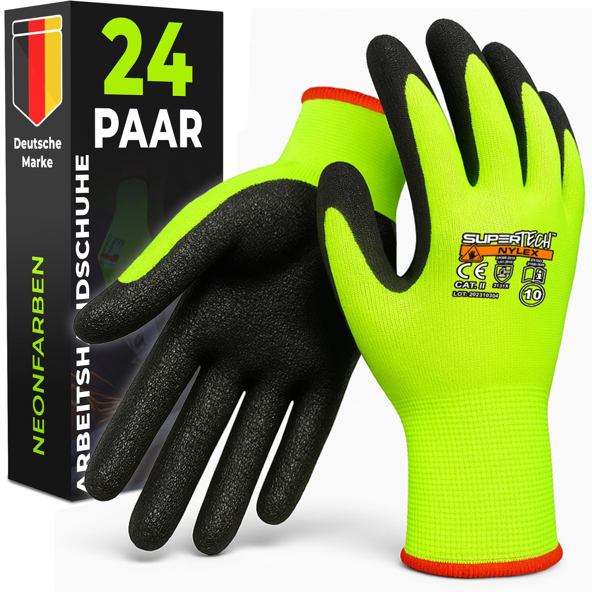 Reflektierende Arbeitshandschuhe Herren mit Rauh Latexbeschichtung (24 Paar) - Schutzhandschuhe für Baustelle und Werkstatt - Strapazierfähige Gartenhandschuhe - 9 - L - Neon