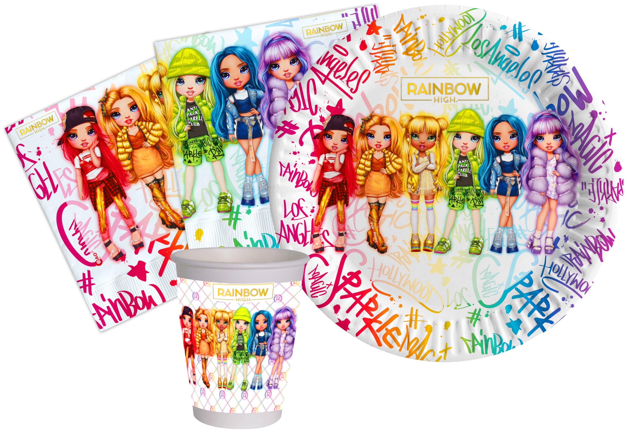Party Tableware Set Rainbow High for 24 people (88 pcs: 24 plates Ø18cm, 24 cups 200ml, 40 napkins 33x33cm) in eco-friendly compostable paper