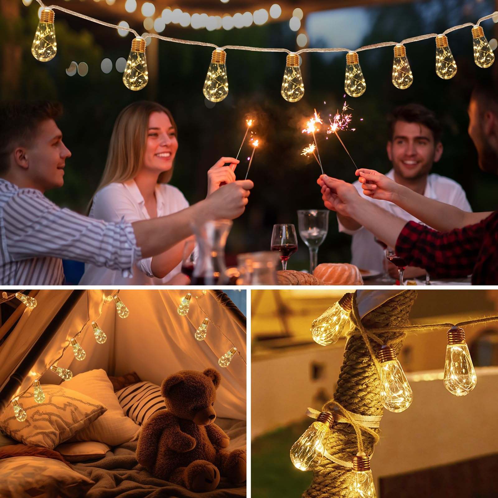 Guirlande Lumineuse Exterieure Solaire avec 16 Ampoules, 8 M Blanc Chaud Chaîne Lumiere Exterieur 8 Modes IP65 Étanche Extérieure Lumineuse Pour Jardin,Patio,Cour,Balcon,Fêtes Décorations