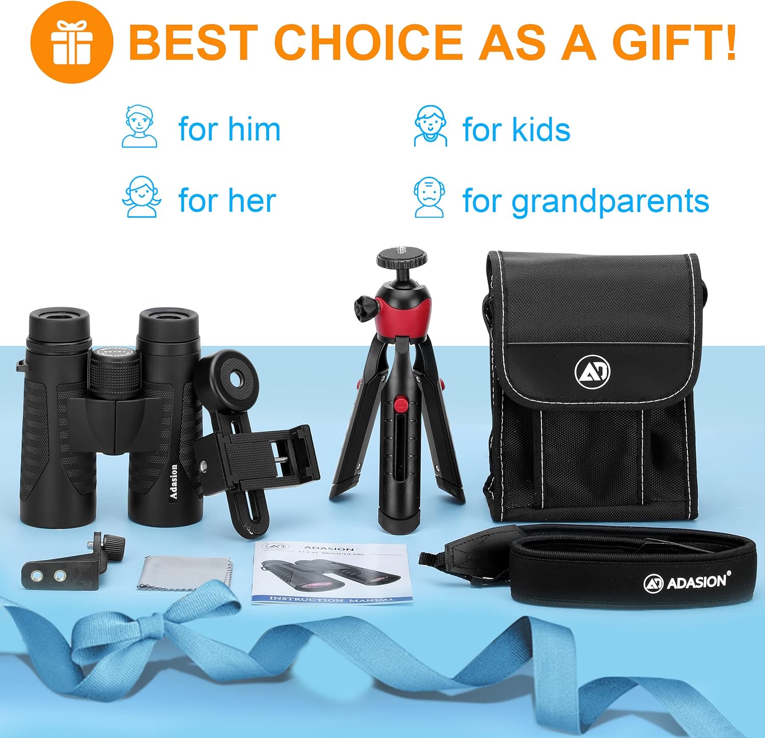 Adasion 12x42 High Definition Binoculars are a great option for adults who enjoy bird watching, hunting, or sports. These binoculars come with a phone adapter and foldable tripod, making them versatile and easy to use in a variety of settings.