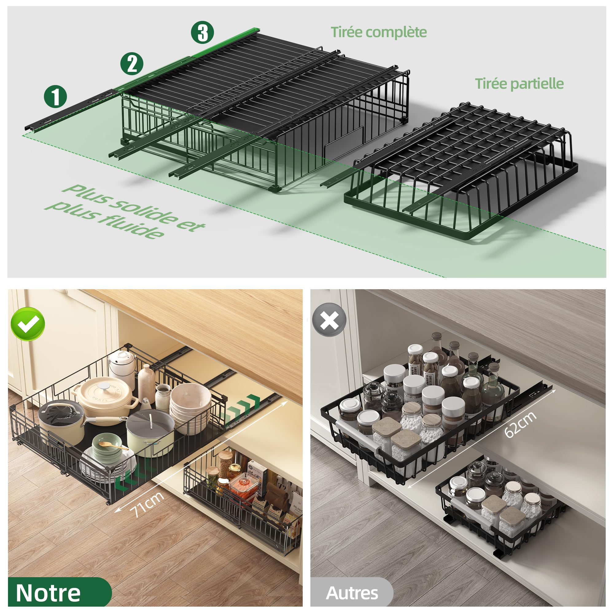 NETEL Lot de 2 tiroir coulissant cuisine extensible,organisateur placard cuisine,plateau coulissant pour placard,Fixation Autocollante ou par Vis,33-51L x 38P x 17H cm,Noir