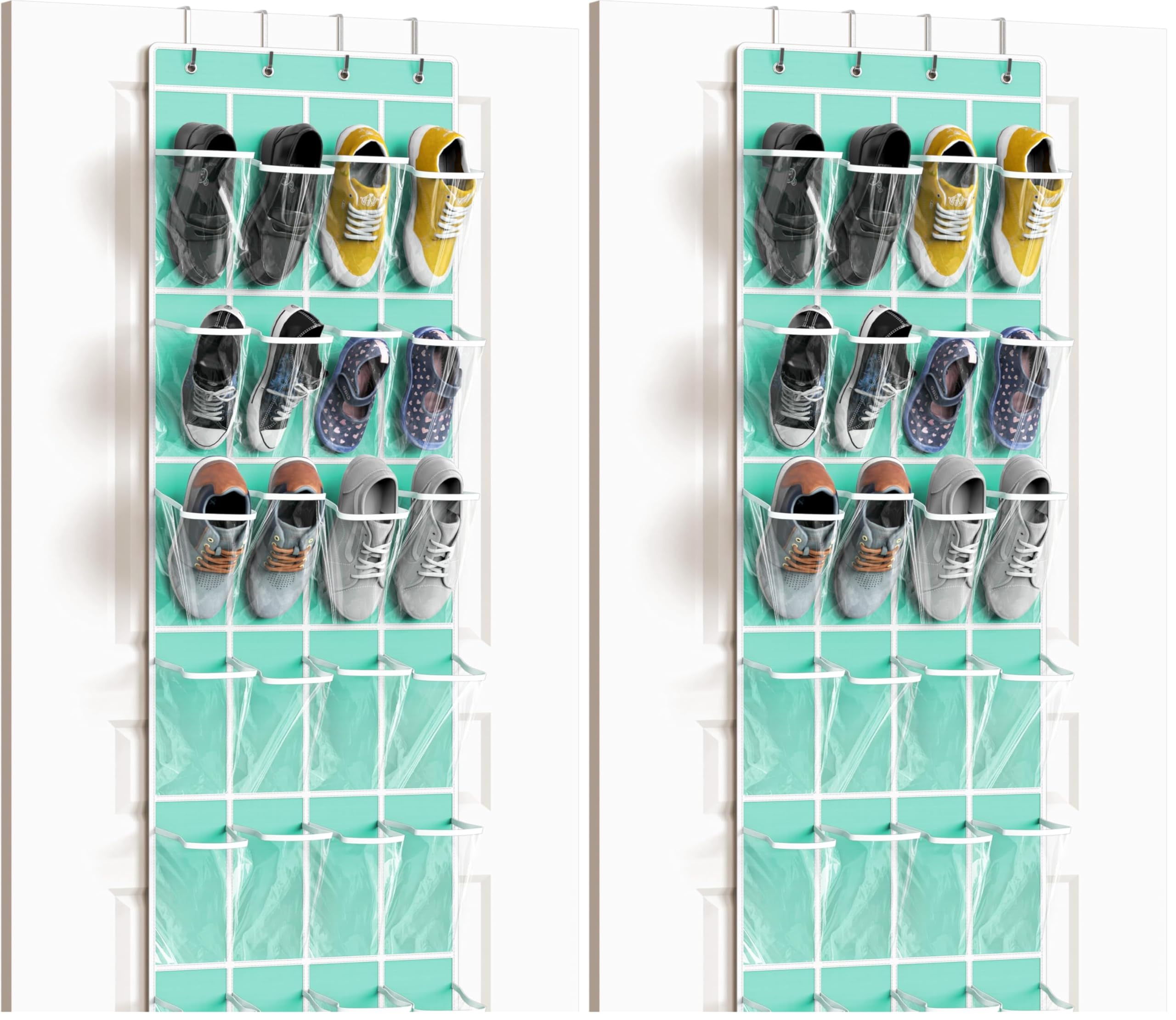 Simple Houseware 24 Pockets - Crystal Clear Over The Door Hanging Shoe Organizer, Turquoise (64'' x 19'') (Pack of 2)