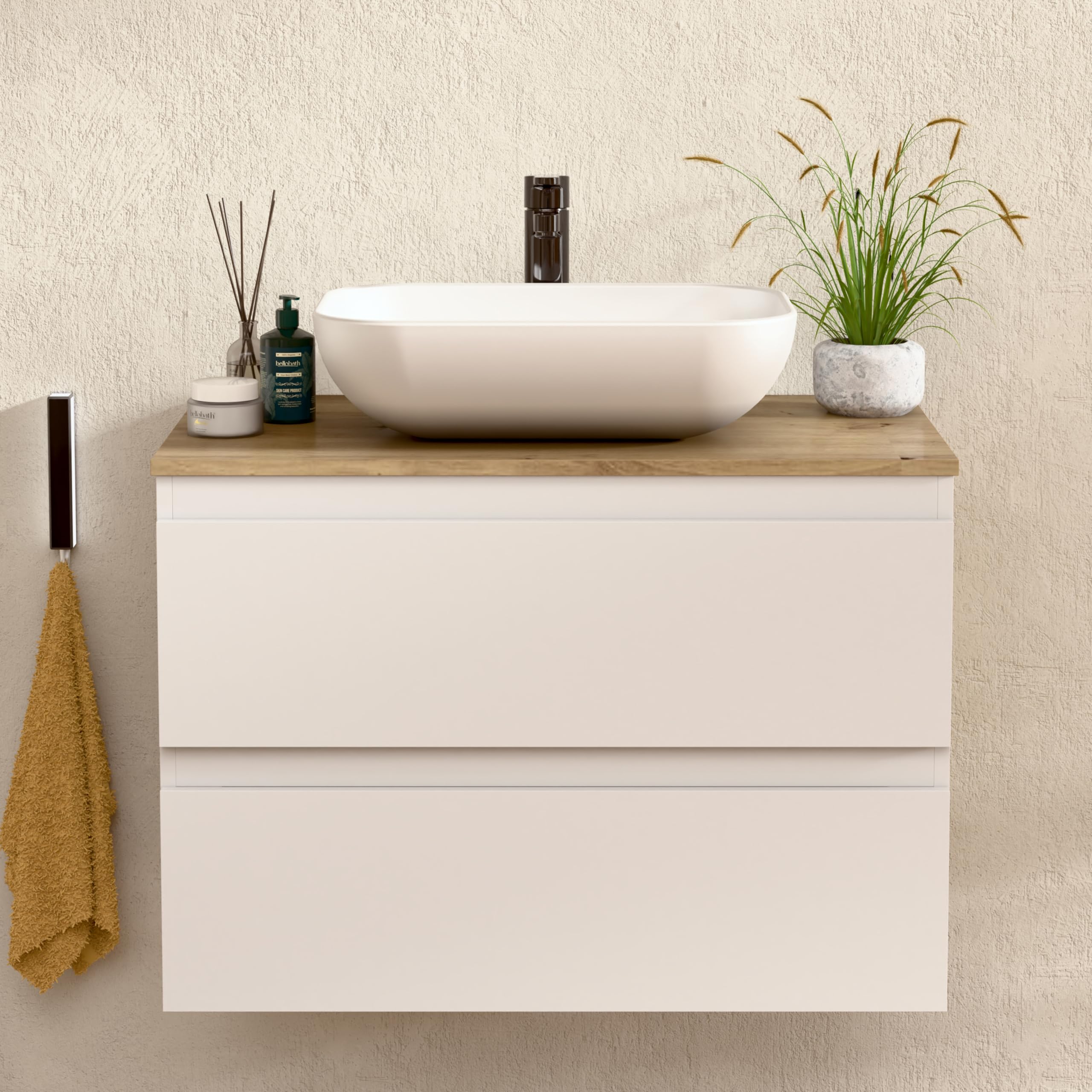 BELLOBATH - Badezimmerschrank mit Keramik Waschbecken und 2 Schubladen, Waschbeckenunterschrank 80 x 55 x 46 cm - Weiß/Eiche