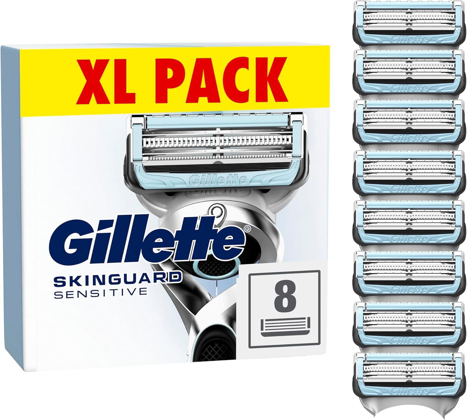 Gillette SkinGuard Sensitive Razor Blades Men, Pack of 8 Razor Blade Refills with Precision Trimmer, Fits All Skinguard ProGlide ProShield and Fusion5 Handles