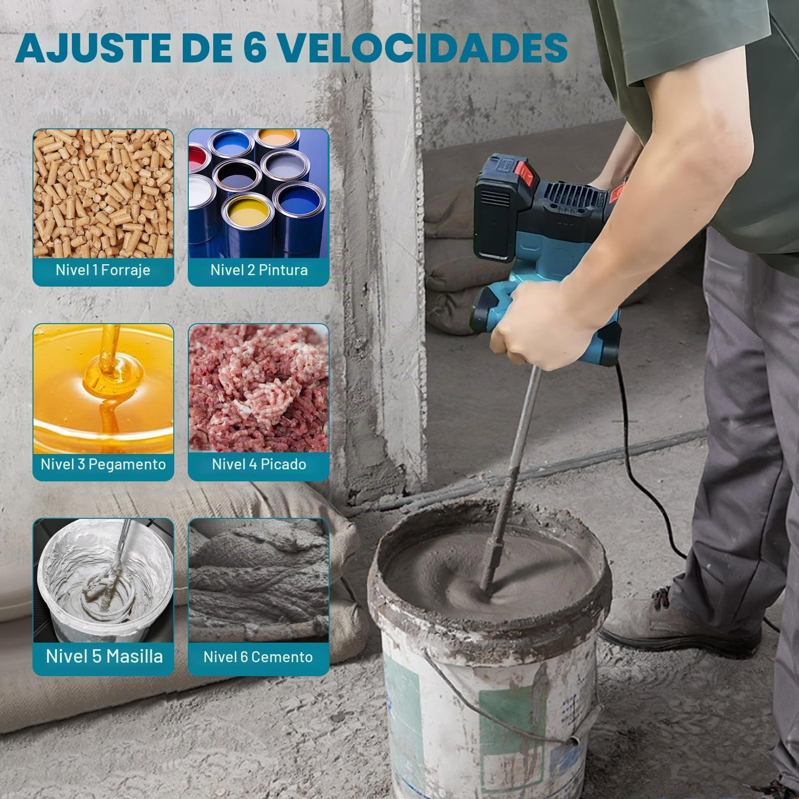 Mezclador de cemento compatible con batería de 18-21 V, mezclador de mortero de pintura, mezclador de 3100 W (sin batería), motor sin escobillas de cobre, interruptor bloqueable, ergonómico, mezclador